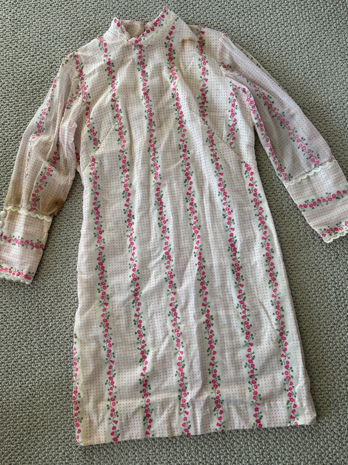 Vintage 60s Pink Velour Floral Mock Neck Prairie Shift Mod Dress M/L – DAMAGED