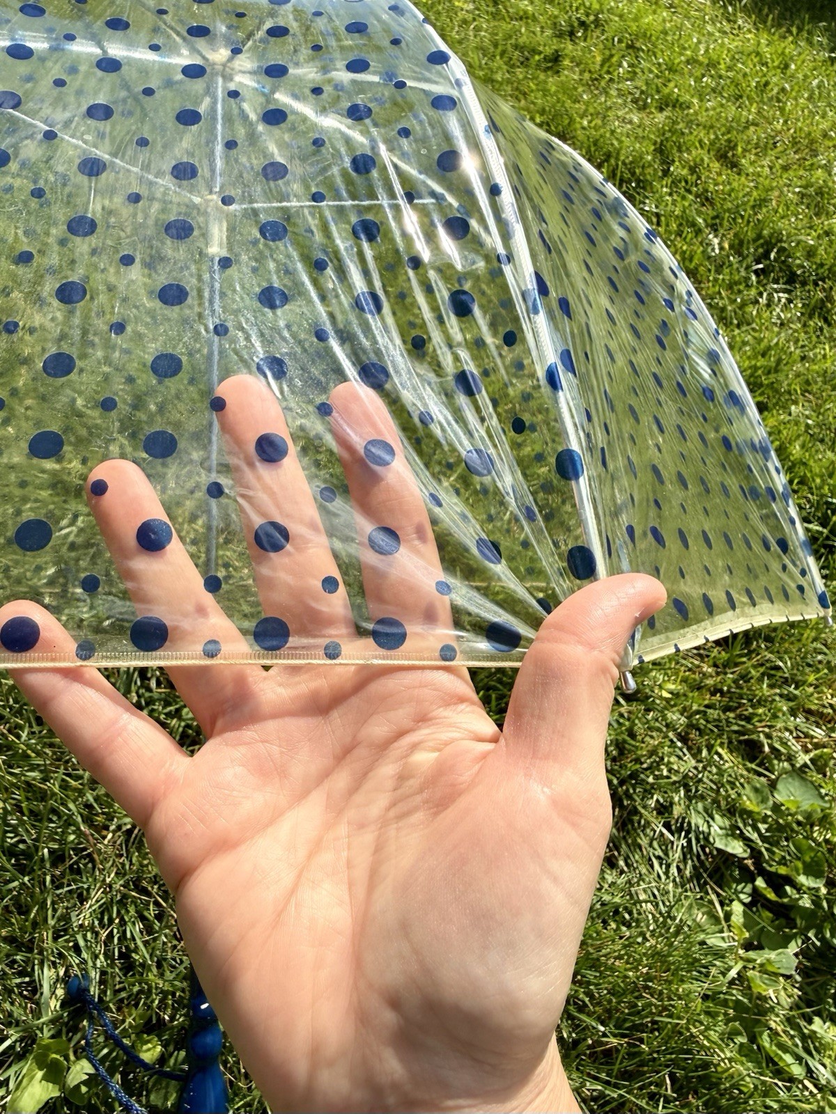 Vintage 60s Mod Clear Blue Polkadot Vinyl Bubble Top Umbrella