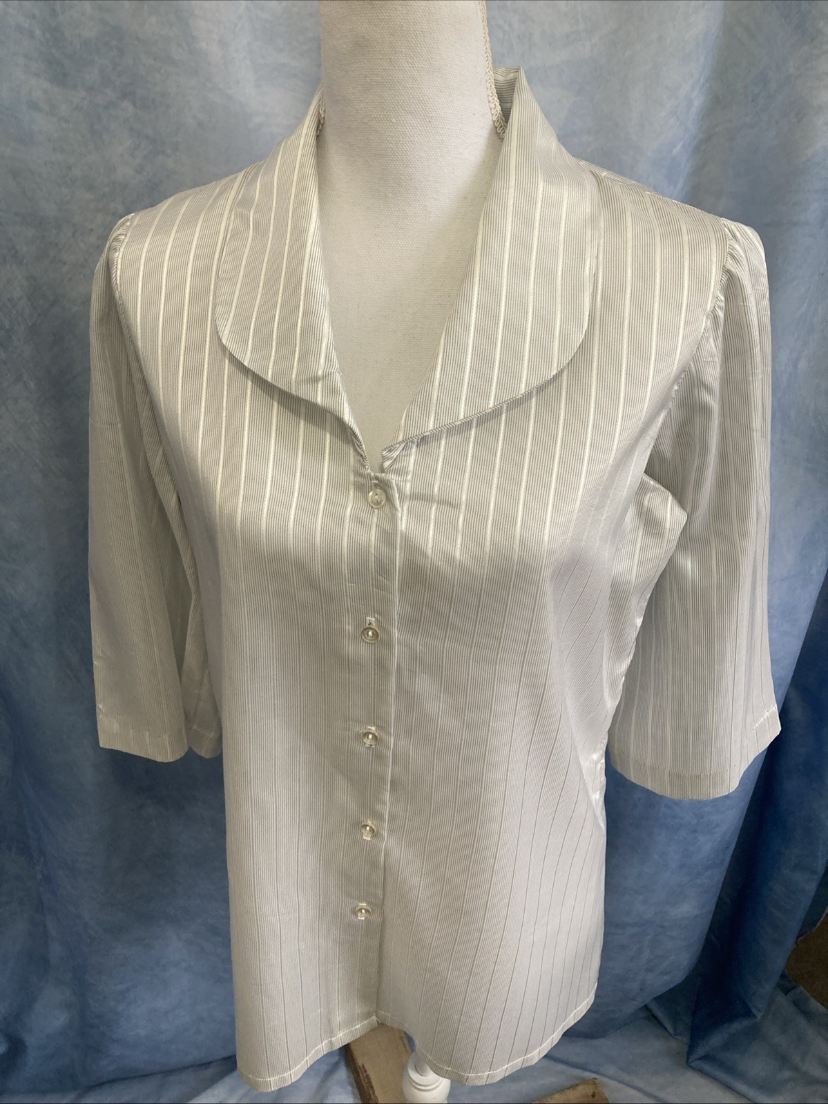 Vtg 80s Pinstripe Secretary Blouse Medium 3/4 Sleeve Wide Peter Pan Collar EUC
