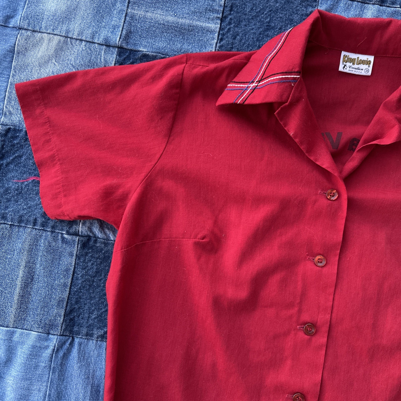 Men’s VTG 1970s Red King Louie Bowling Shirt M 70s Polyester Cotton True Vintage