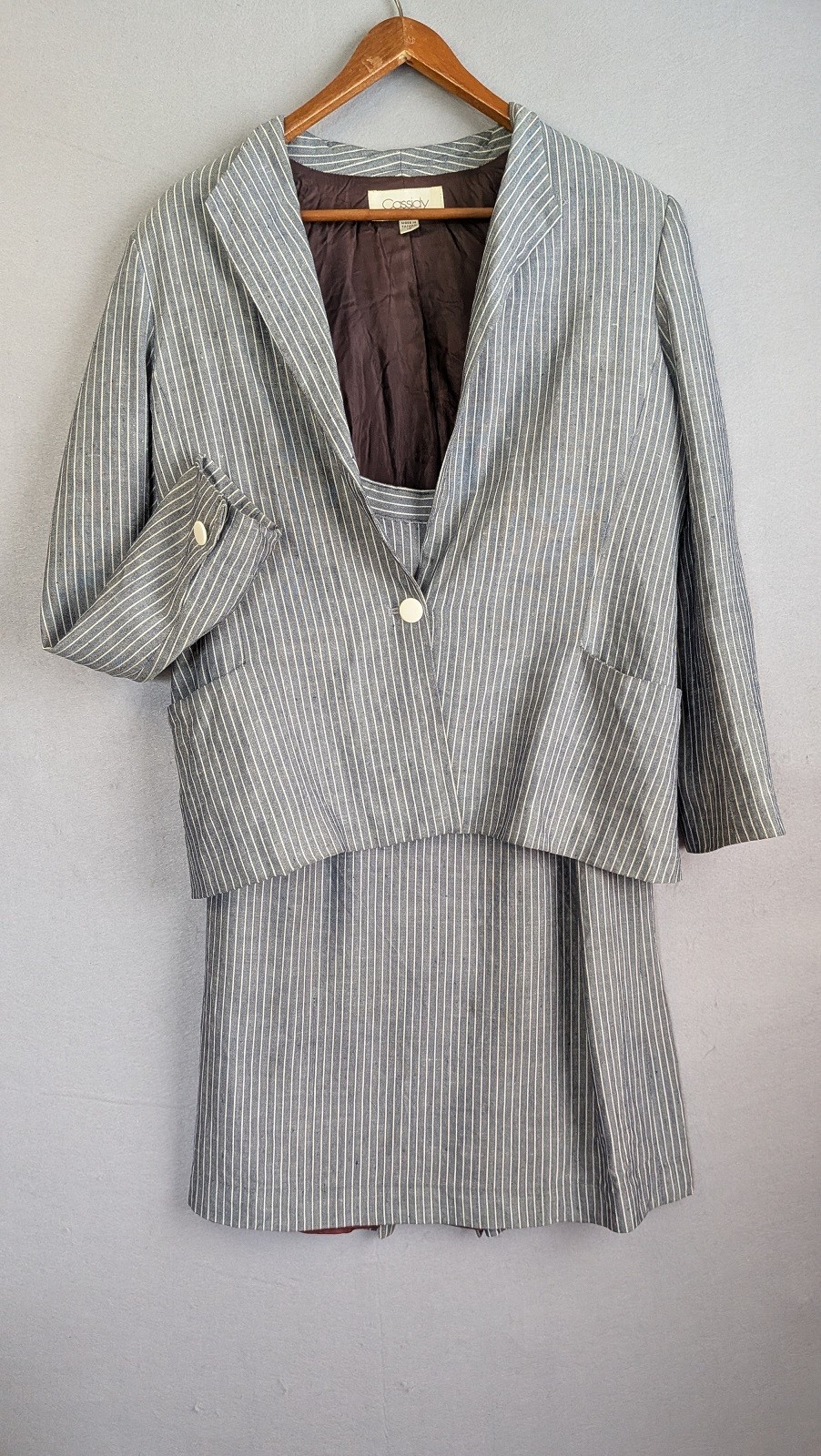 Late 80s 90s VTG Pinstripe Skirt Suit Set 10 Rayon/Linen Blend Blue Denim Look