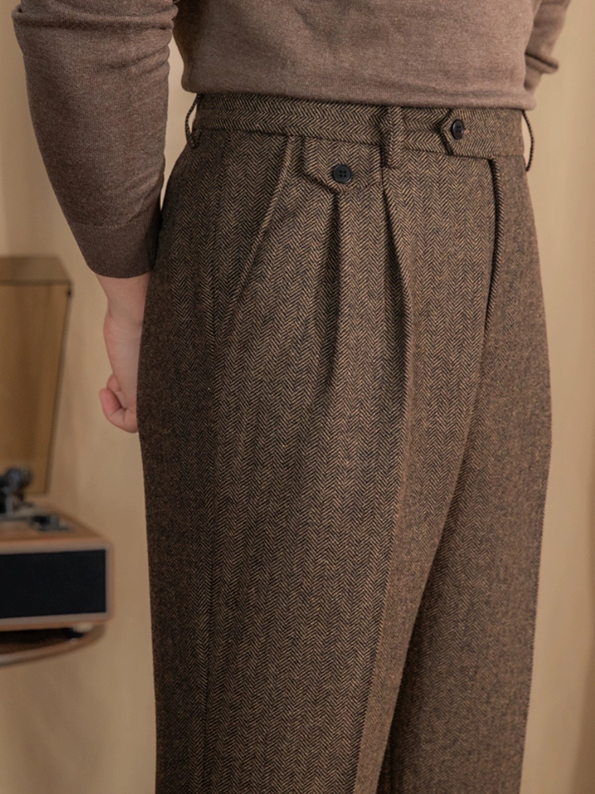 Men’s Herringbone Dress Pants Pleated Straight Leg Trousers for Business Wedding