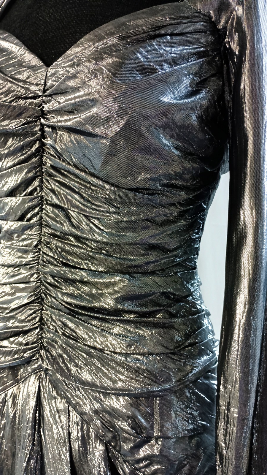Vtg 80’s B. B. Collections Dressy Clubwear Silver Metallic Sexy Ruched Dress 6
