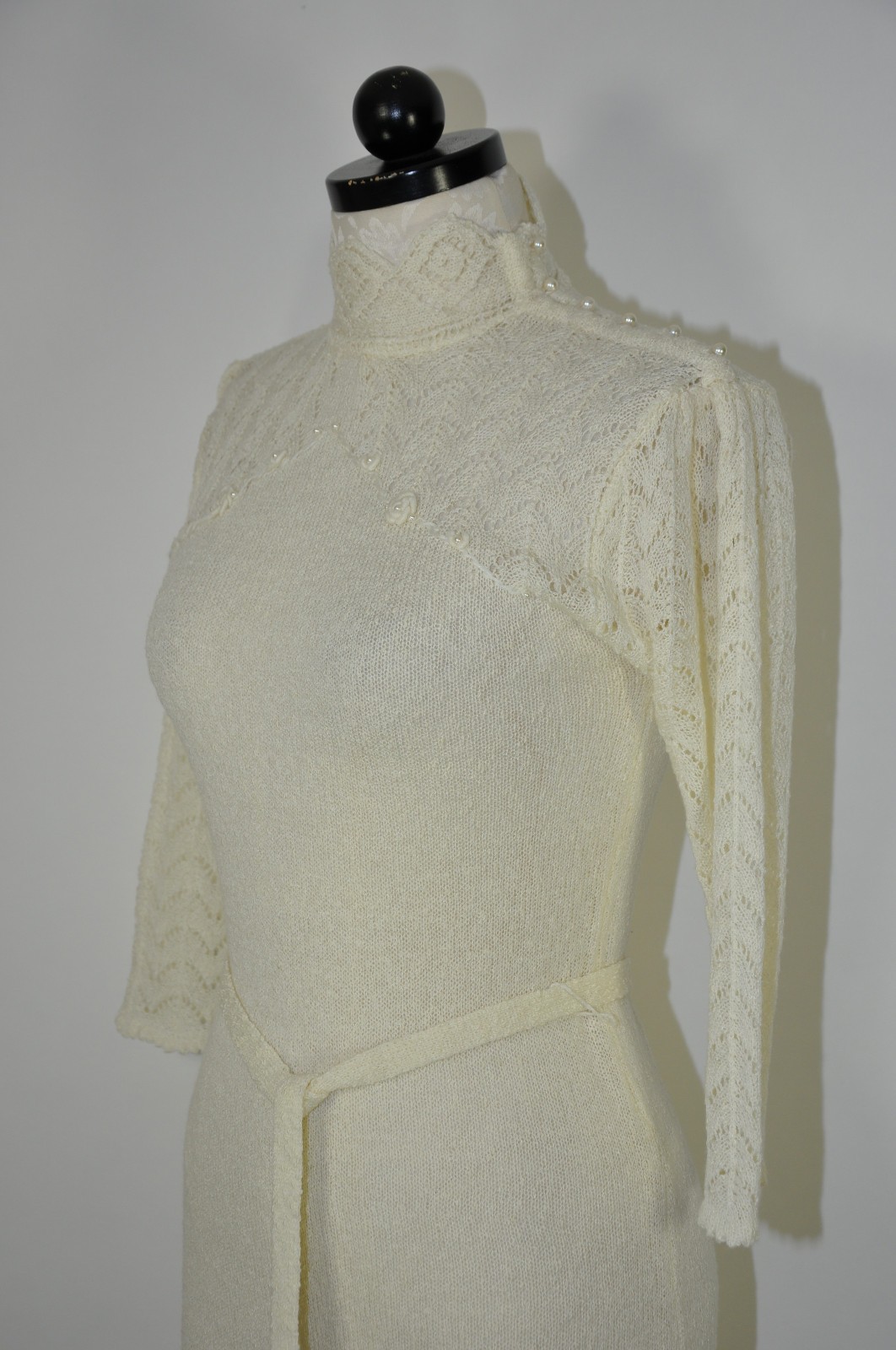 70s Vintage Cream Off White Pointelle Knit High Neck Pearl Sweater Dress Women M