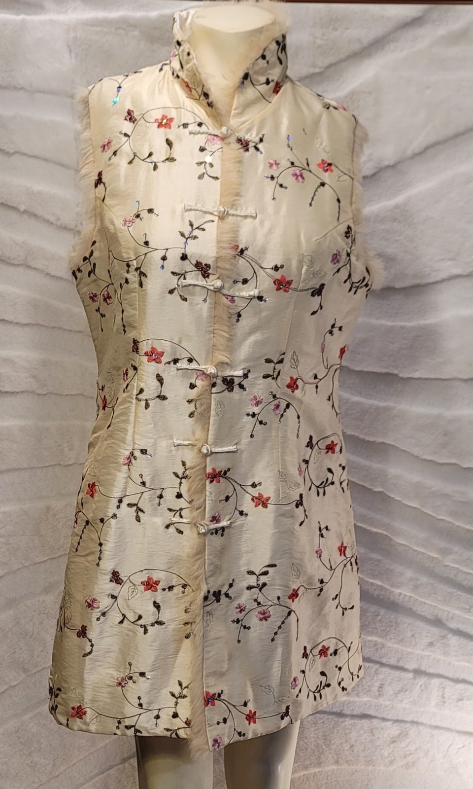 VTG Frog Asian Quipao Satin Rabbit Fur Lined Embroidered Sequin Vest Unisex Prom