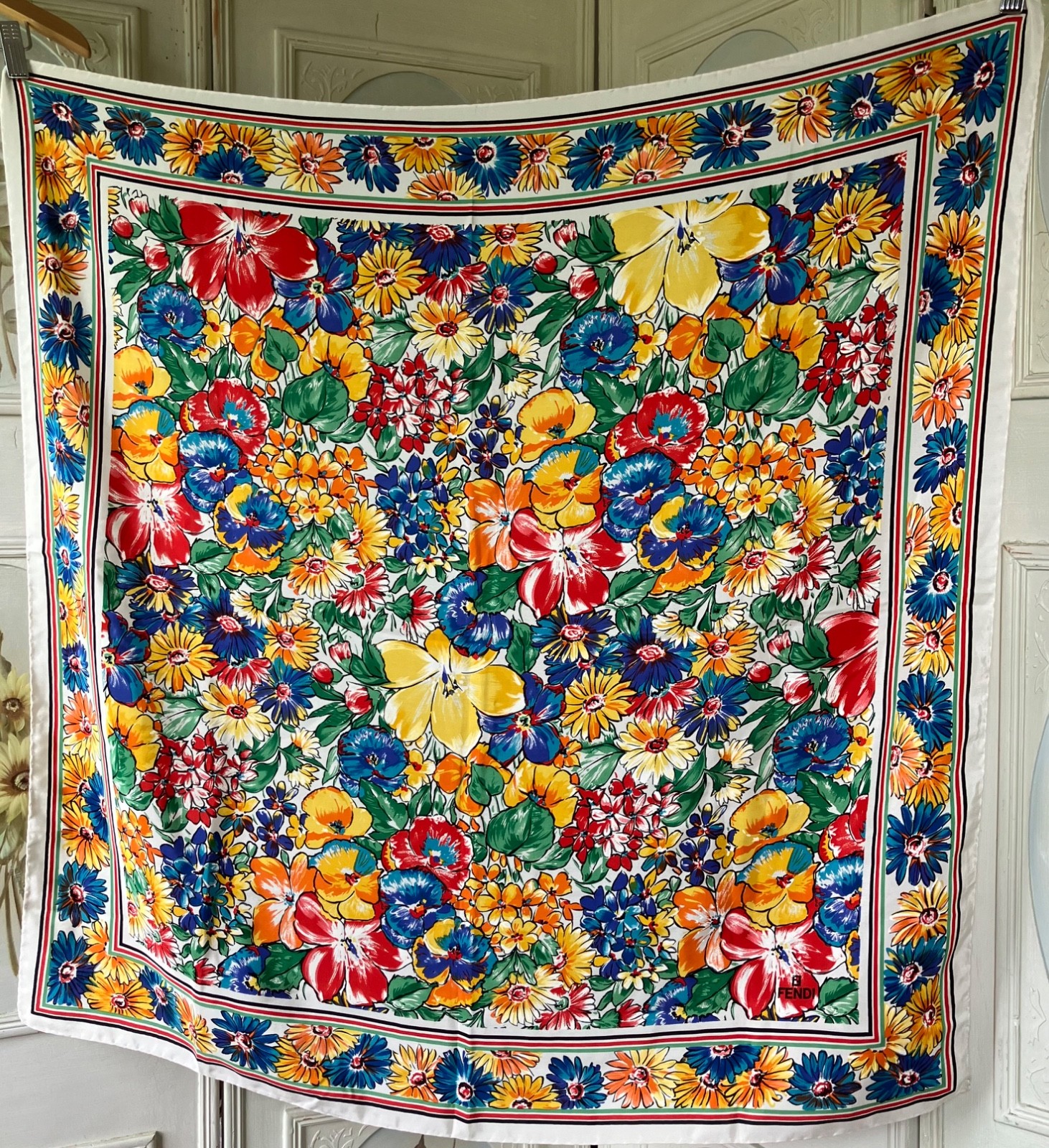 VTG AUTH FENDI FOULARD ALL SILK SCARF WHITE MULTICOLOR FLORAL GUC A FEW SNAGS