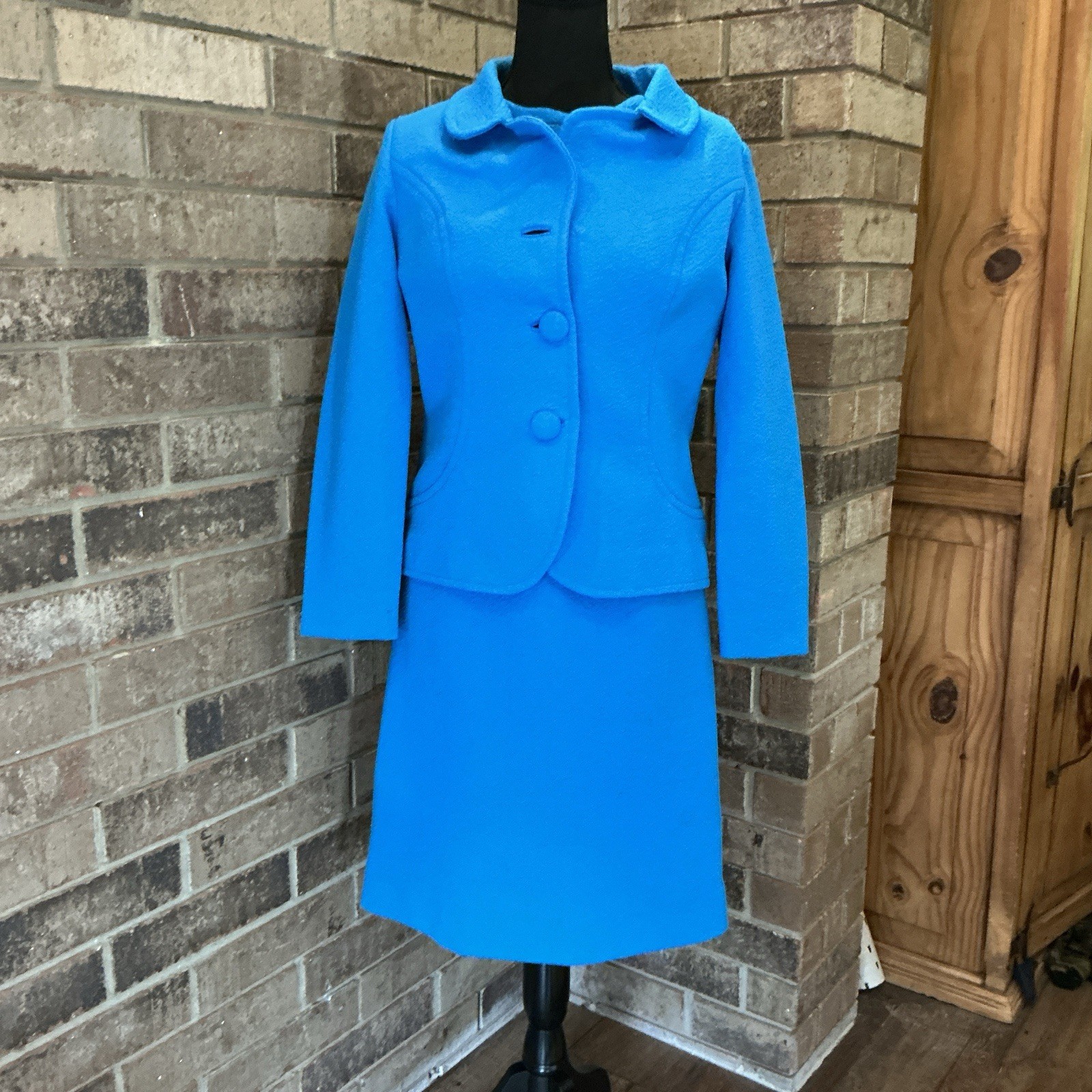 60s VTG Blue Boucle Skirt Suit Set Jacket Shift Dress Textured Mod Size 12 #17E8
