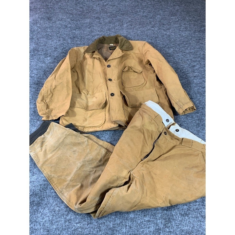 Vintage SafTbak Canvas Hunting Field Jacket & Pants Set Brown 42 XL 36×28 80s