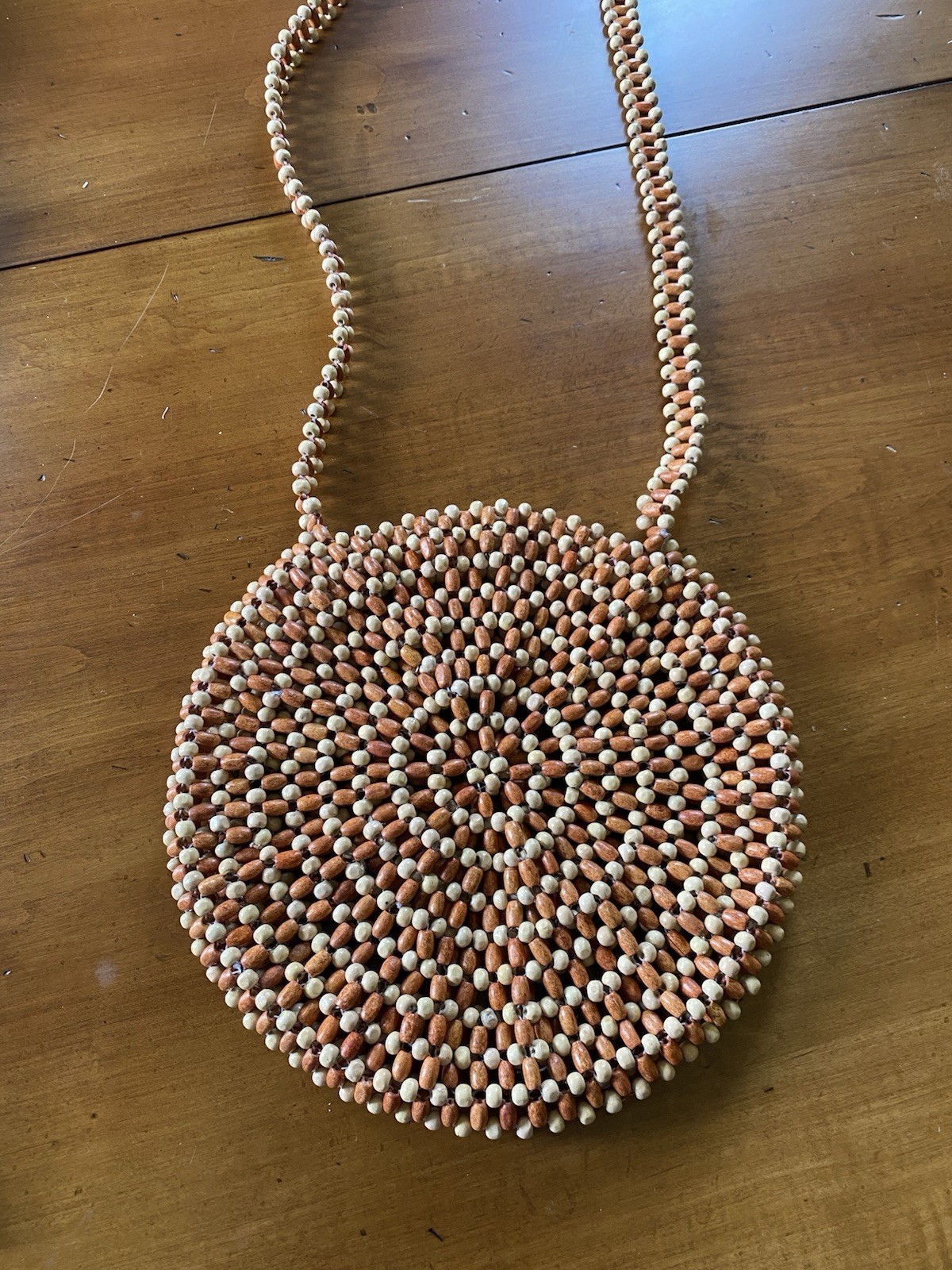 Womens Vintage Boho Wooden Beaded Purse Crossbody Strap Round Shape Unlined