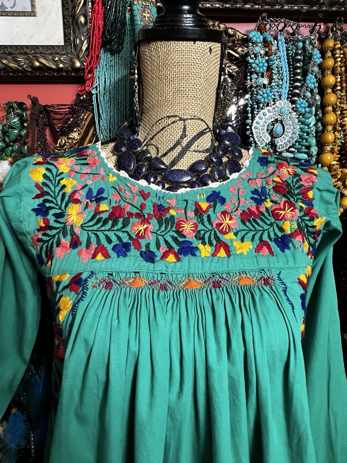 Beautiful Green Mexican Oaxaca Dress In Long Sleeve Multi Color Embroidery M/L