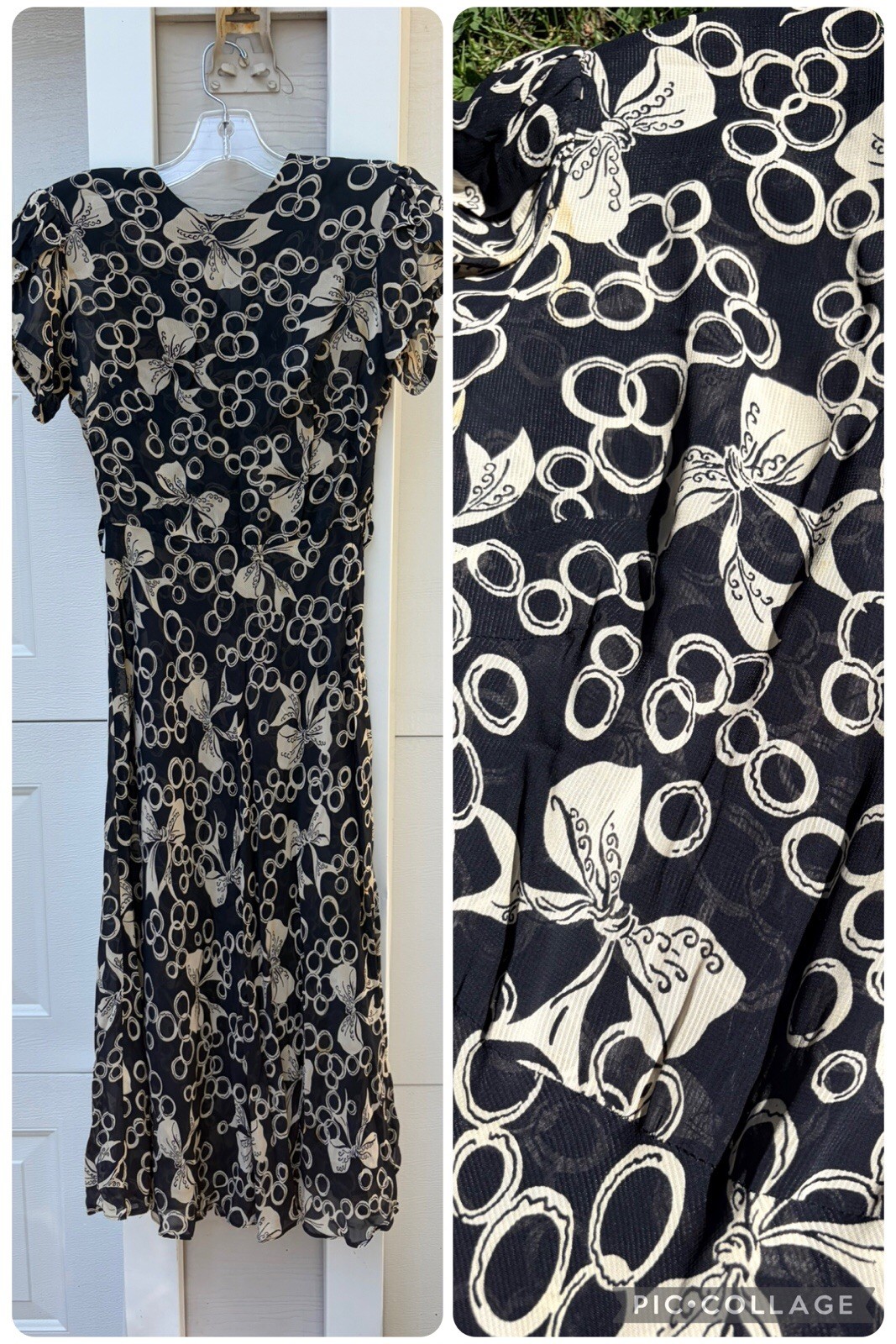 WOW 1940s 30s Sheer Novelty Print Bow Black And White Vintage Antique Gown XS/S