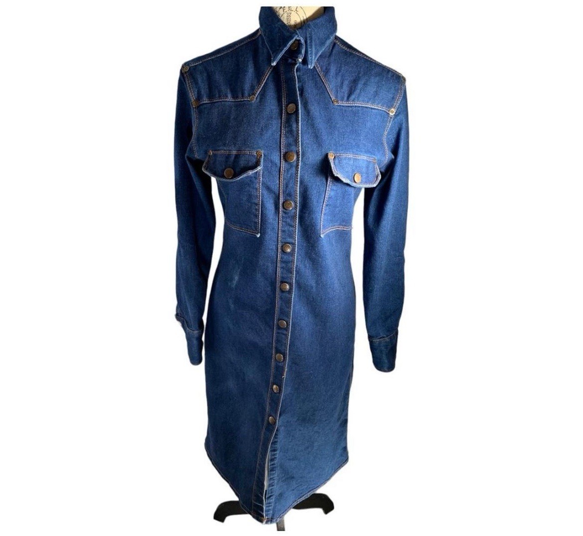 VTG 70s West Cal 45 Western Dagger Collar Denim Dress
