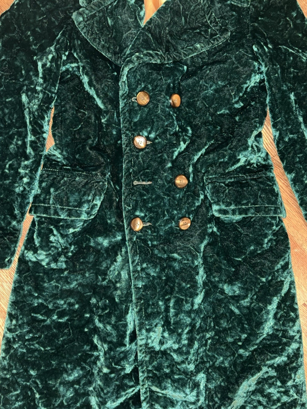 Green Crushed Velvet 70s Double Breasted Vintage Coat By VIBES by CAMPUS