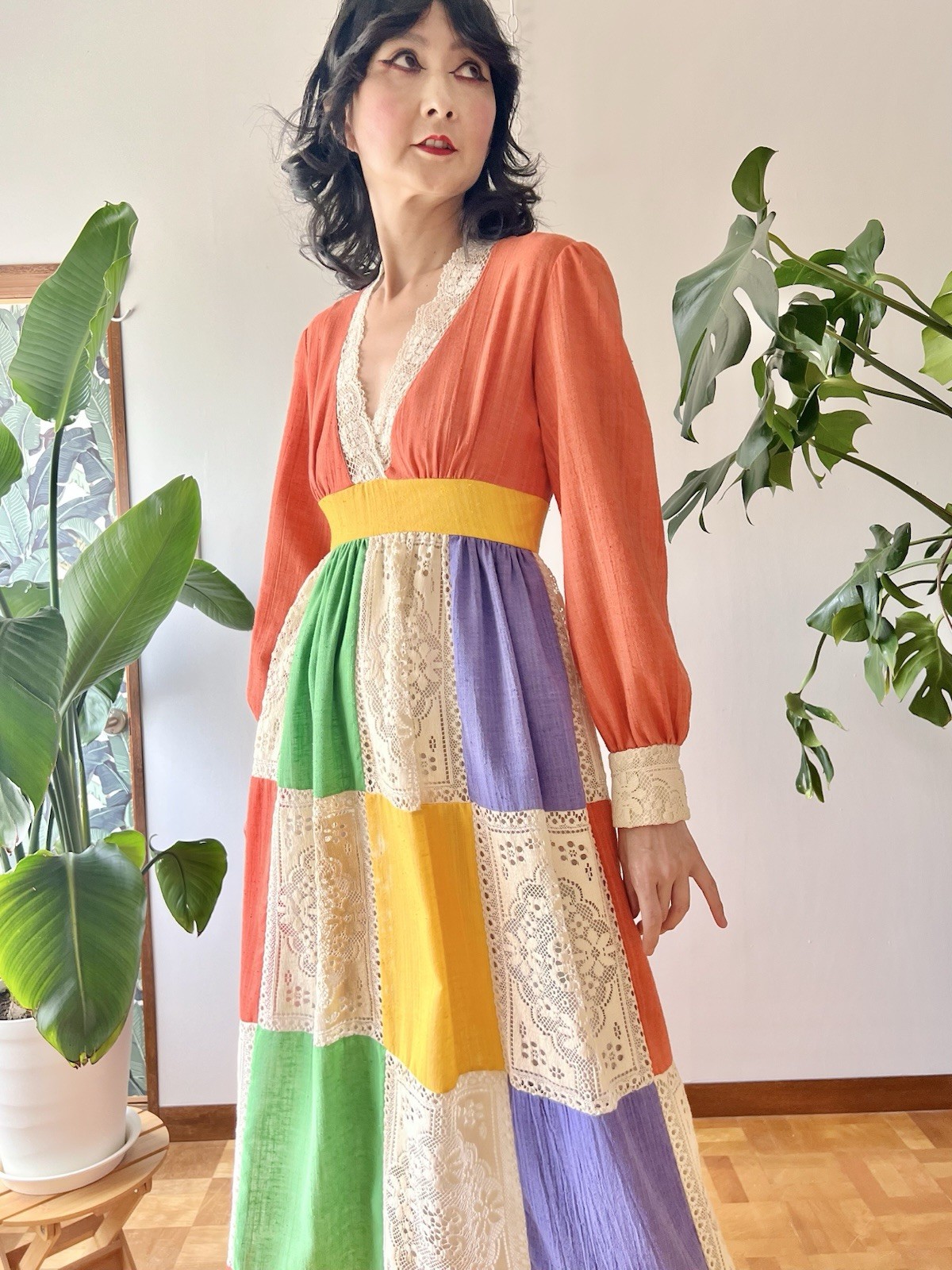 70s Jonathan Logan Patchwork Color Block Cotton Gauze & Lace Prairie Maxi Dress