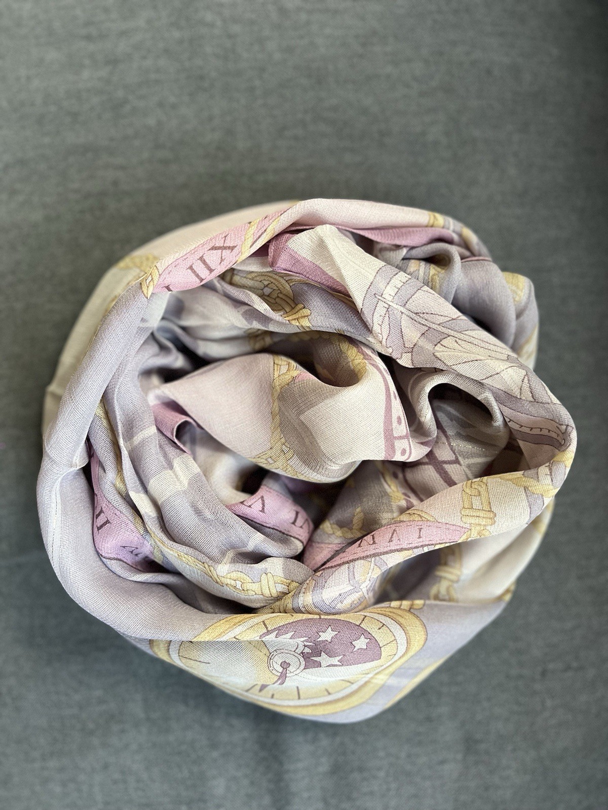 Renoma Vintage Silk Scarf Pink Lavender Clock Print Shawl Wrap Gold Metallic Gor