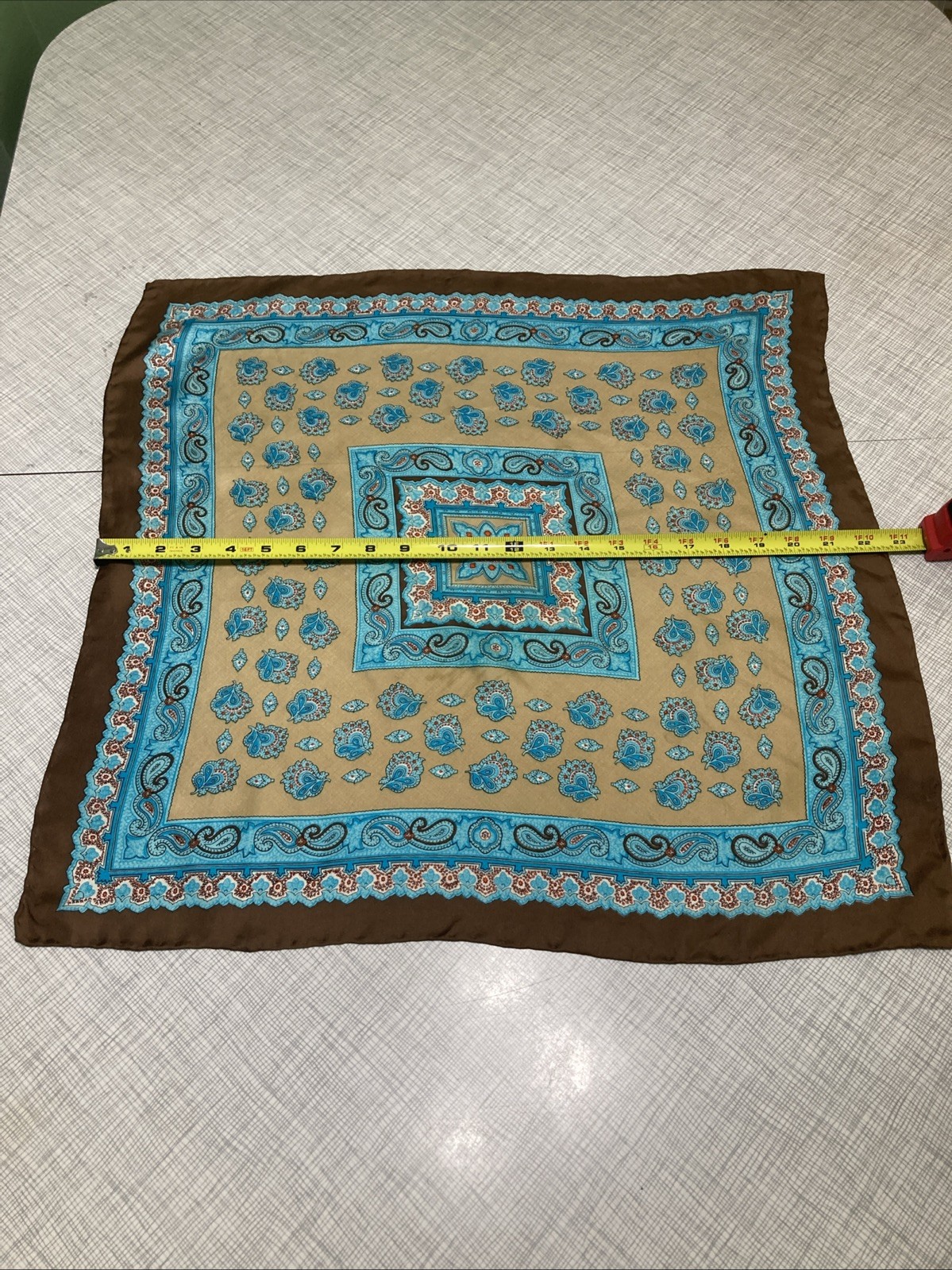 VTG 70s GLENTY Geometric Paisley Silk Scarf Blue Brown Hand Rolled Edge 22.5”
