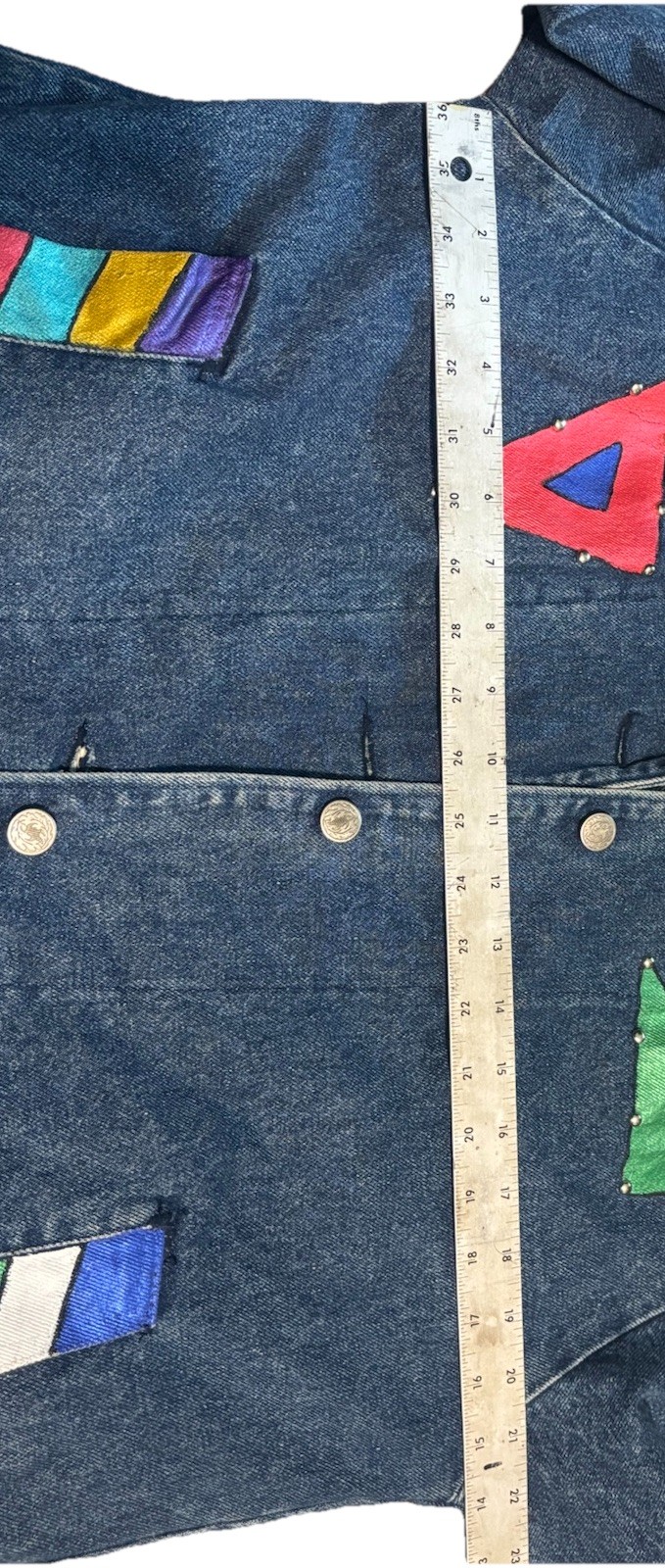 vintage 90s denim duster coat made In USA custom geometric embellishments Size M