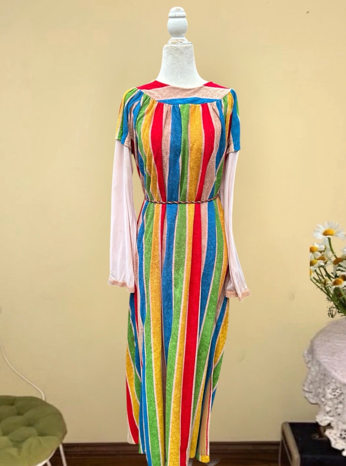 Vtg 60s Mod Dress Rainbow Terry Cloth Hostess Dress Plush Towel Maxi Patio Gown