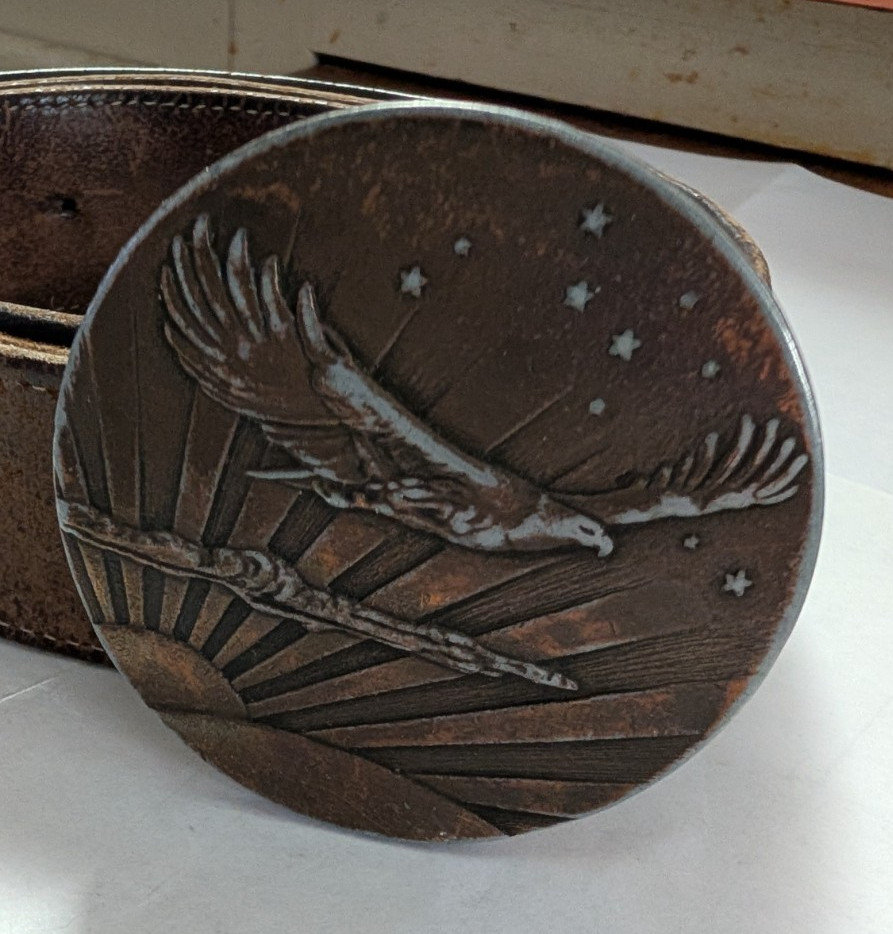 brass belt buckle flying eagle and sunset with leather belt 48″