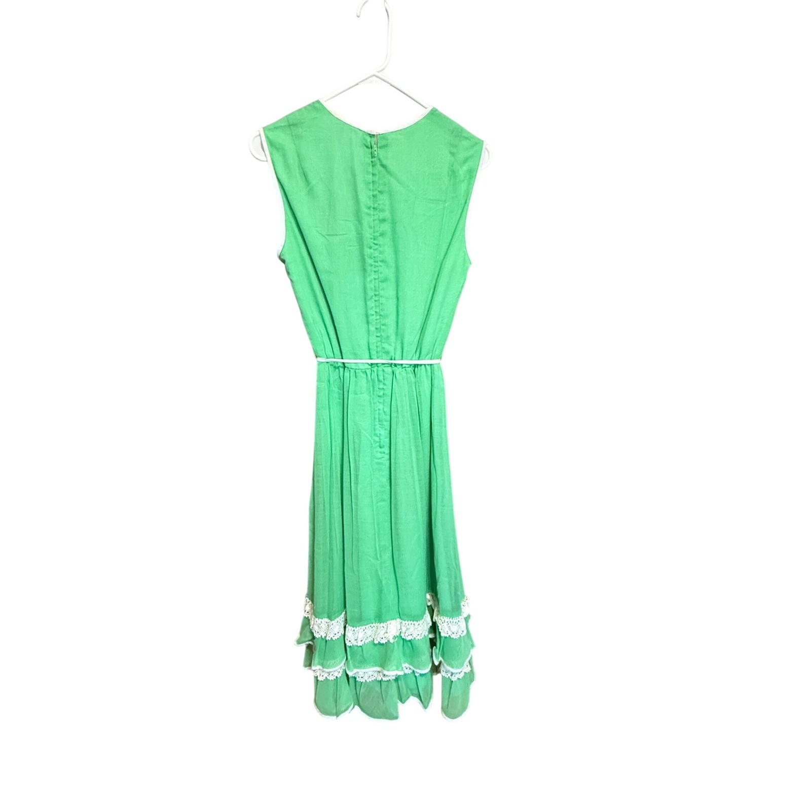 Miss Elliette Dress Vintage Lace Ruffle Hem 10 Green Excellent Sleeveless Midi