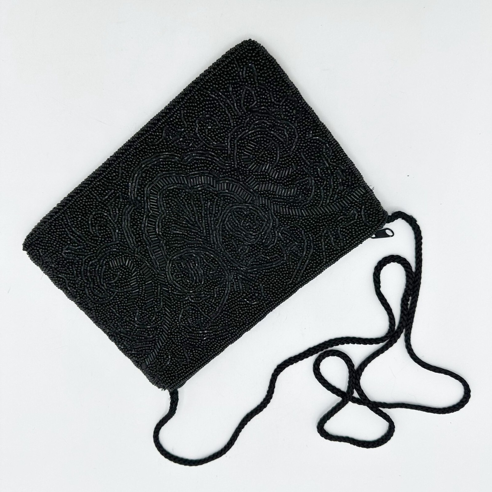 Vintage Hastings & Smith Black Beaded Clutch Purse With Strap 9″x6″x0.5″