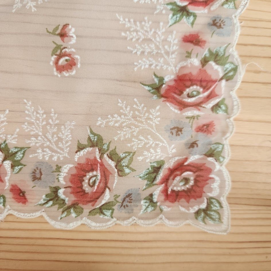 Vintage Floral Sheer Handkerchief Cottagecore Rose Print Scarf Hanky Square 13in