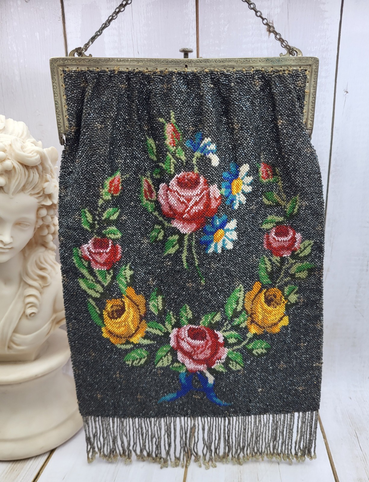 Large 13″ Antique Art Nouveau Floral Beaded Purse Handbag