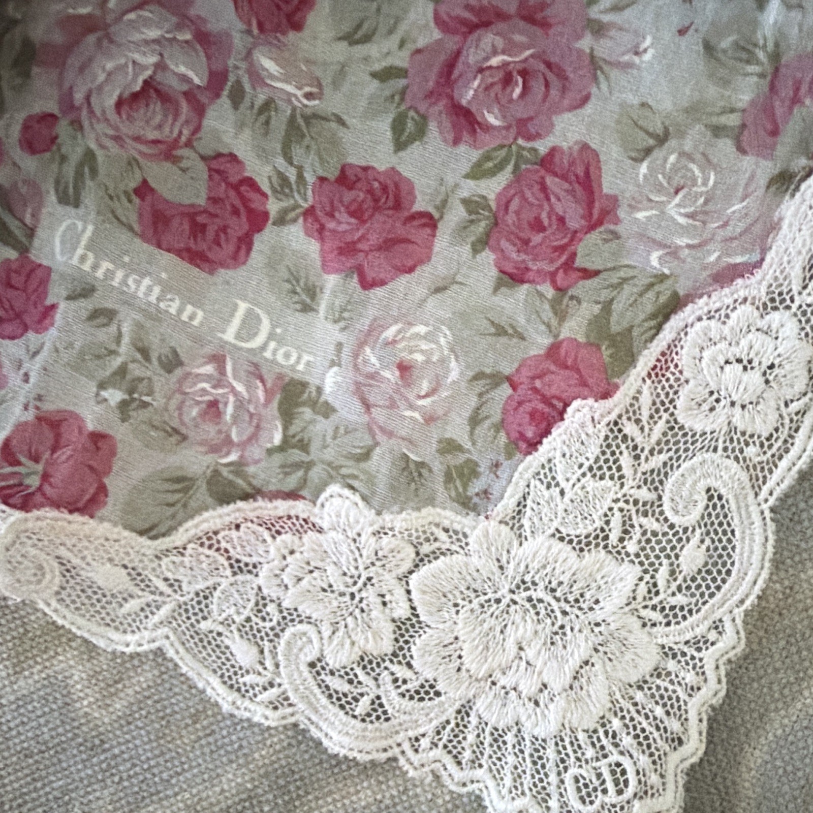 Christian Dior Women’s Pink White Green Floral Lace Trim Handkerchief