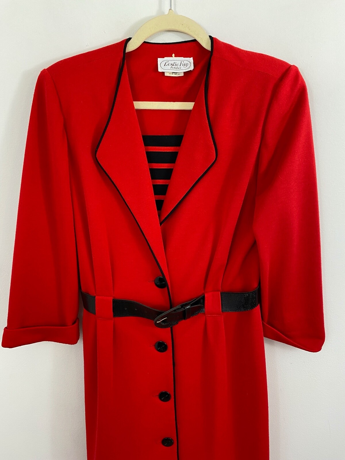 Vintage Leslie Fay Red Belted Maxi Dress Size 12 PETITE Button Front Secretary