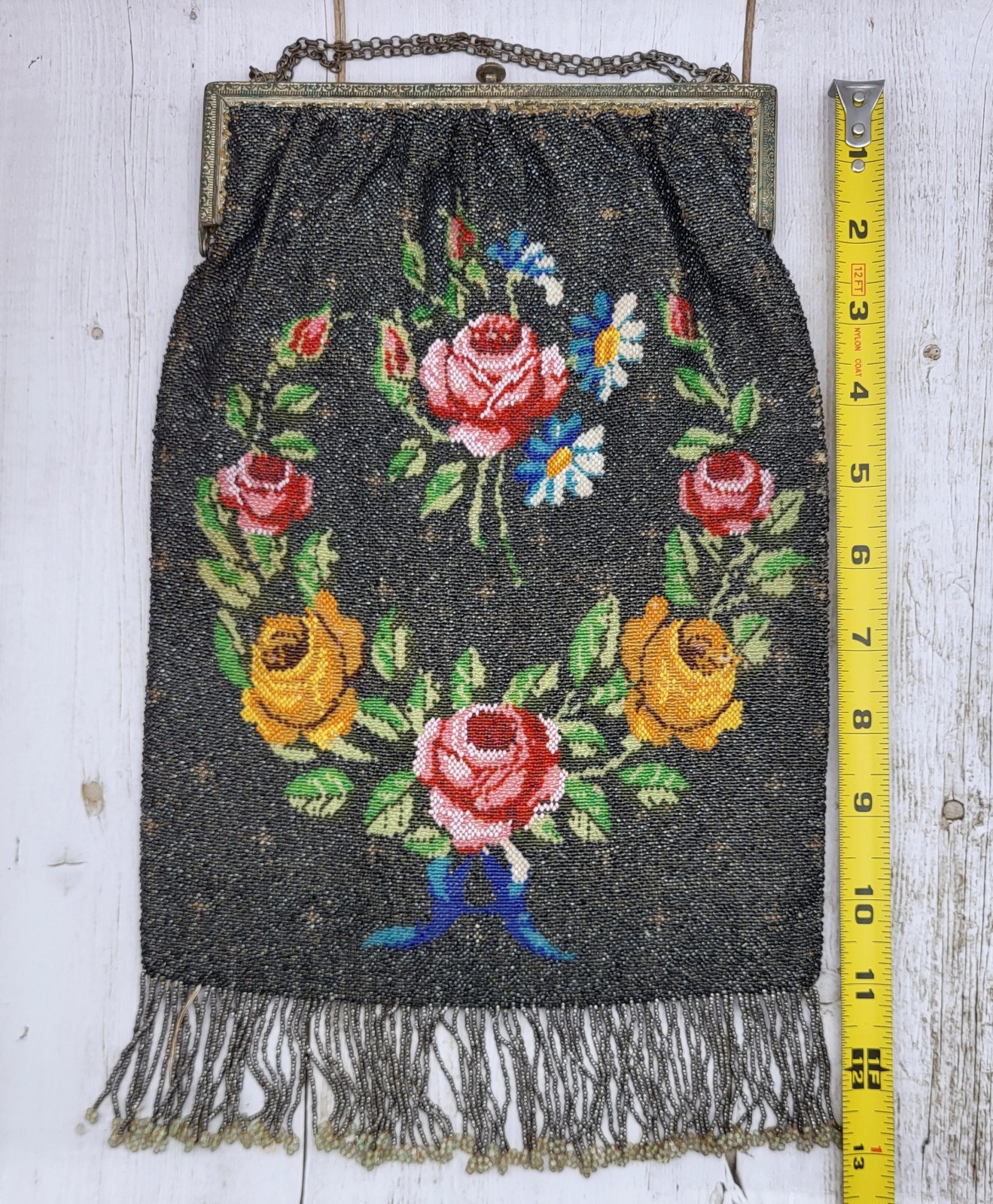 Large 13″ Antique Art Nouveau Floral Beaded Purse Handbag
