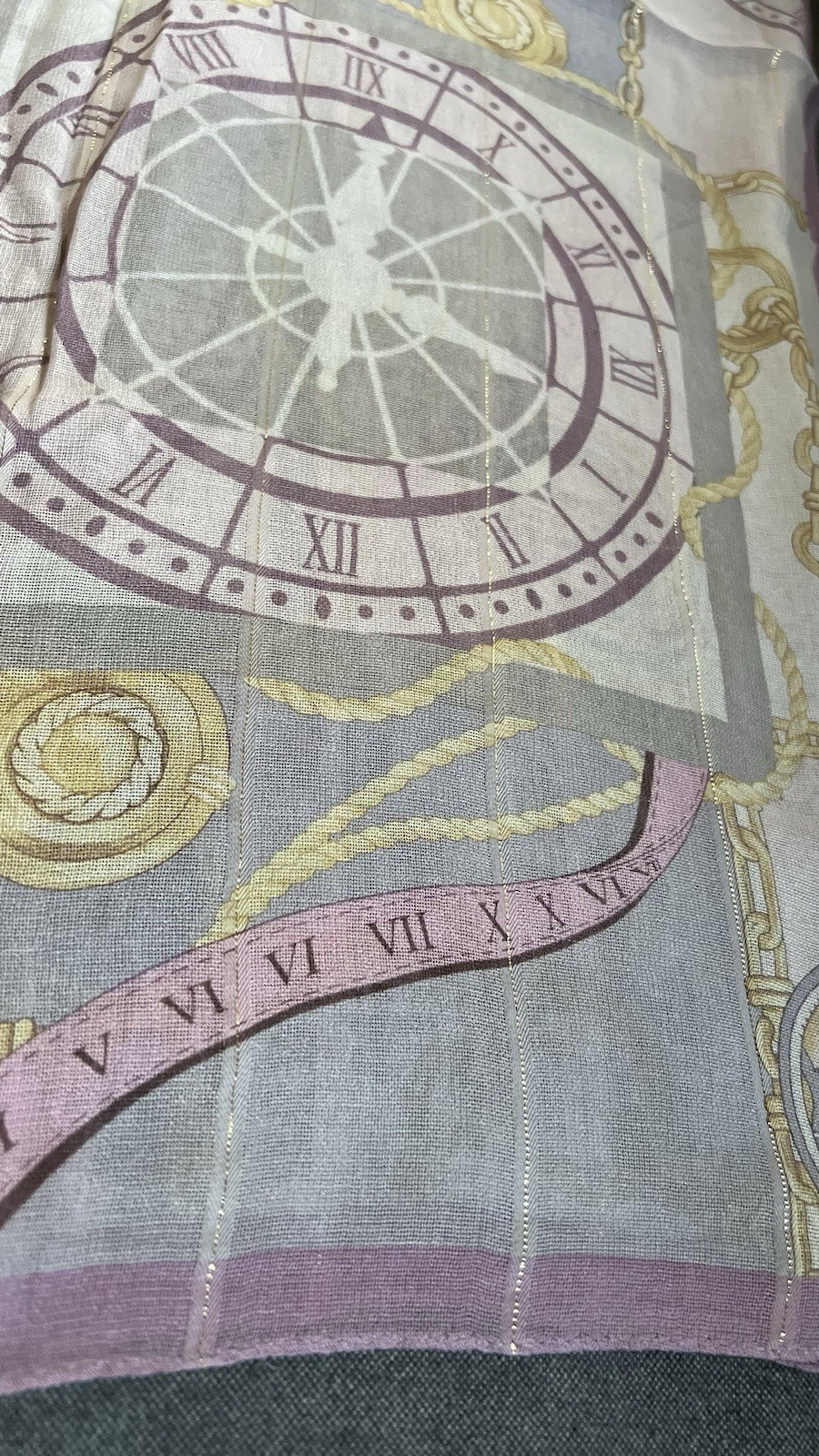 Renoma Vintage Silk Scarf Pink Lavender Clock Print Shawl Wrap Gold Metallic Gor