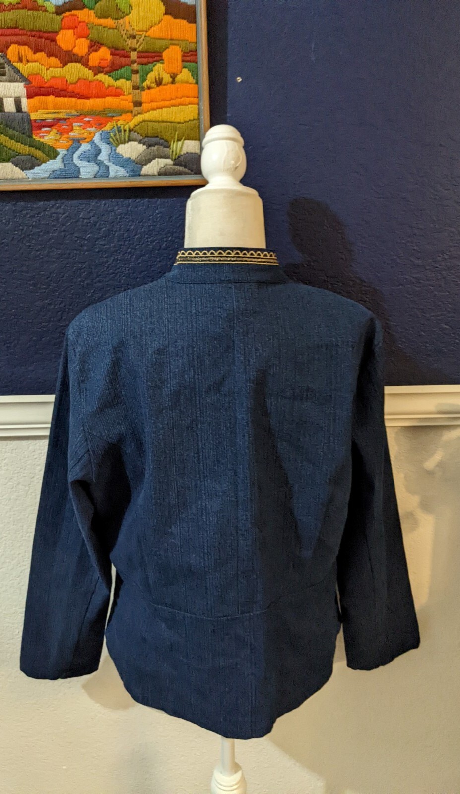 VTG Entice Blue Dark Denim Floral Gold Embroidered Metallic Jacket Sz Large L