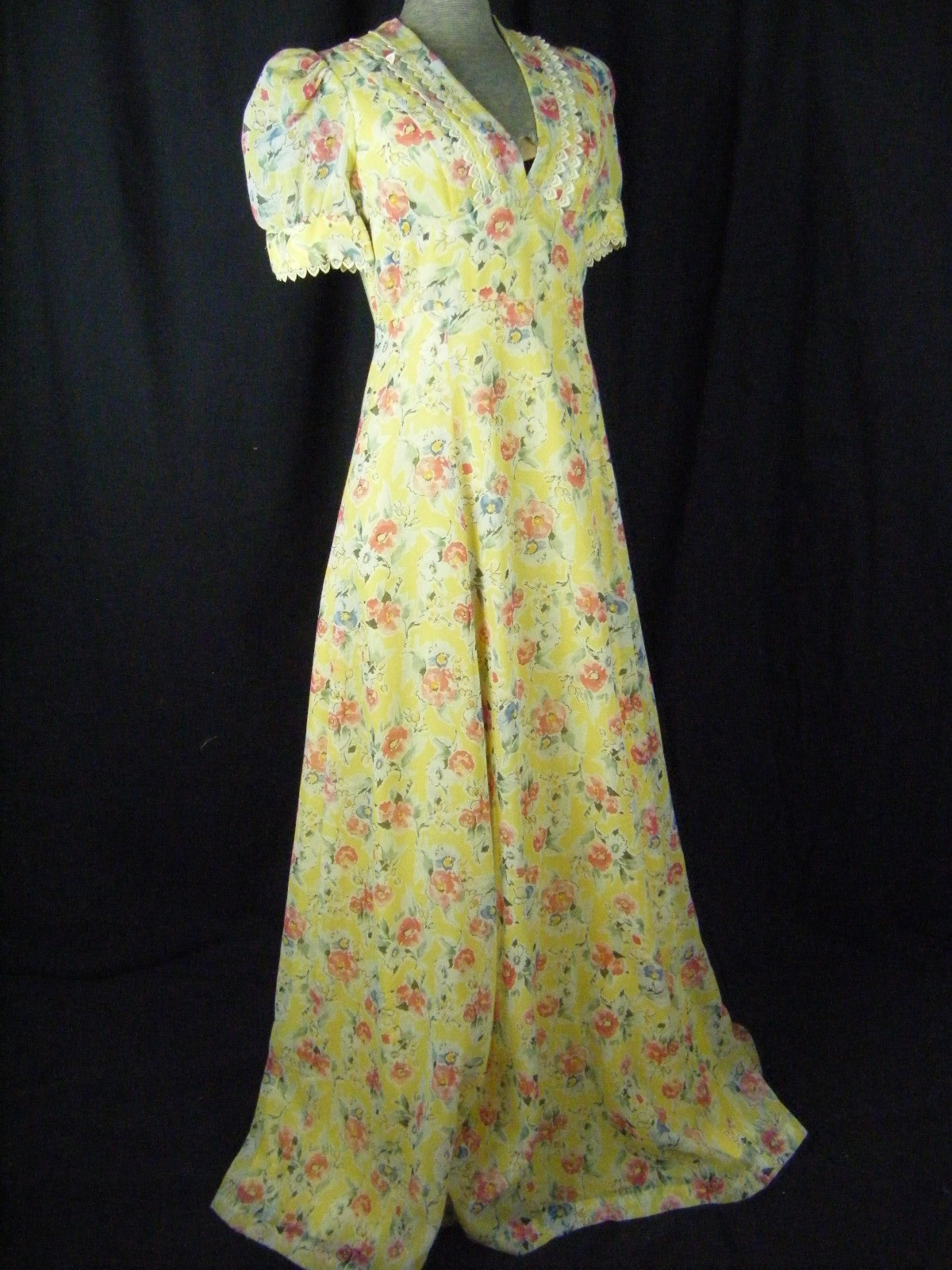 Vtg 70s Yellow Water Color Floral 1930s Inspired Long Dress-Bust 34/2XS