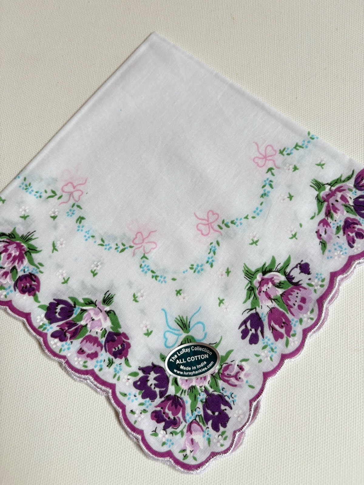 Beautiful New LuRay Violet TULIPS Handkerchief Hankie With Sweet Forget Me Nots