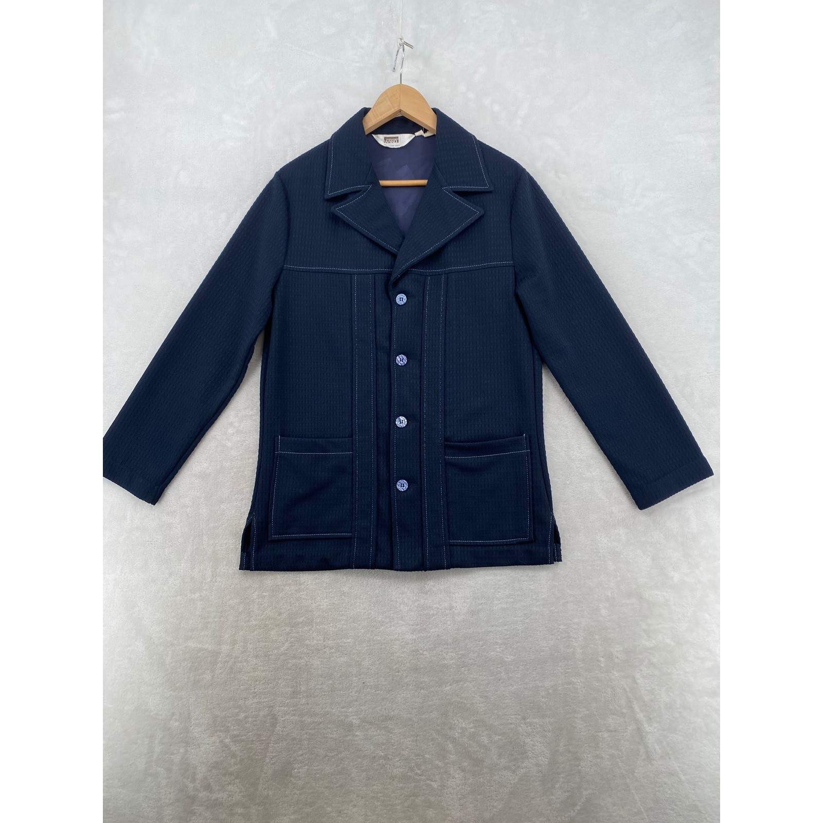 Vintage Montgomery Ward 70s Navy Blue Leisure Jacket Polyester Knit Small