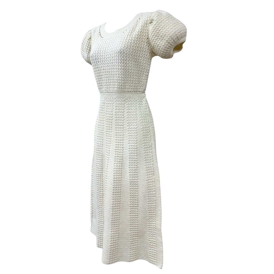 Vintage 1930s Ivory Hand Crochet Puff Sleeve Fit & Flare Dress