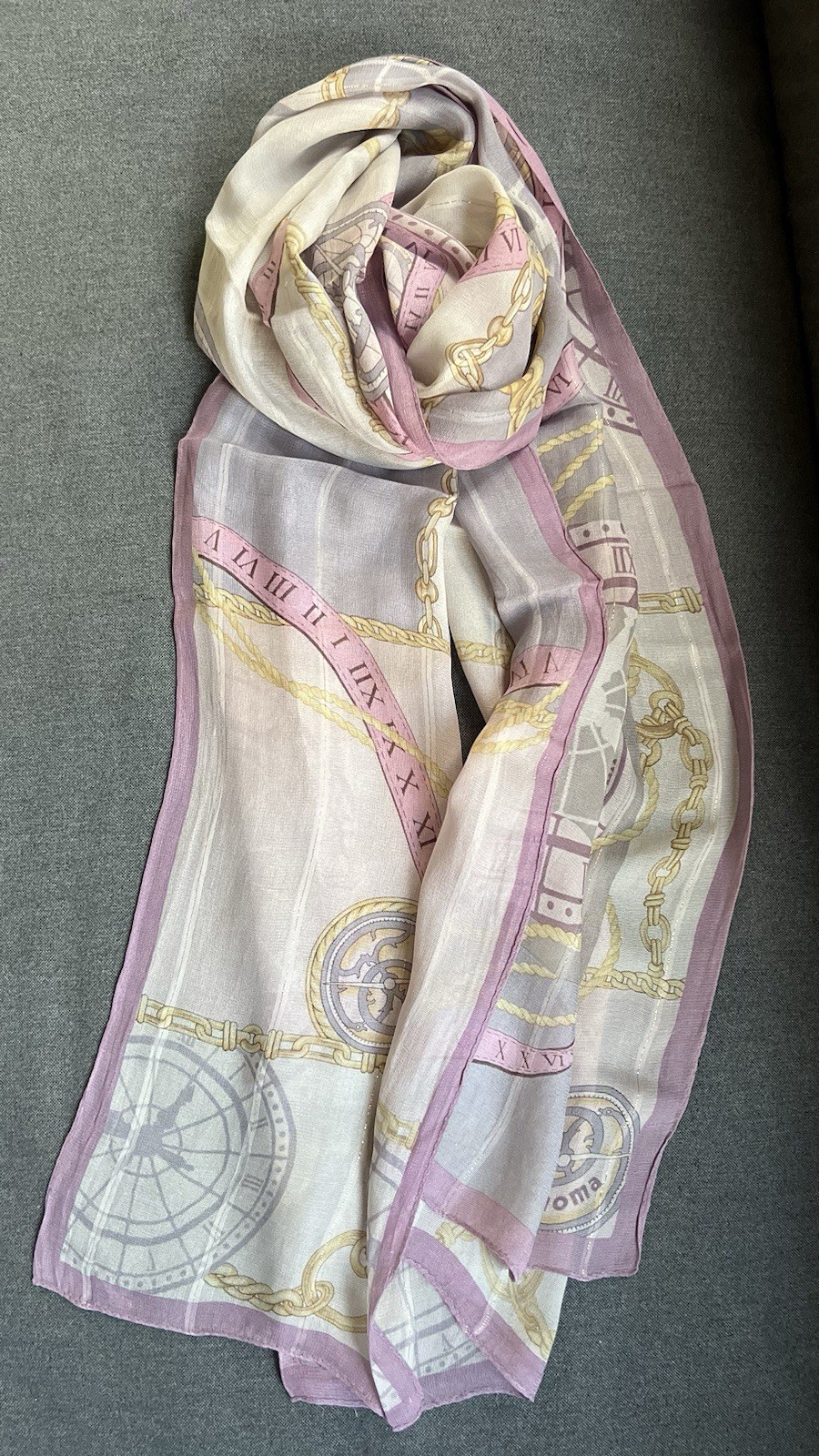 Renoma Vintage Silk Scarf Pink Lavender Clock Print Shawl Wrap Gold Metallic Gor