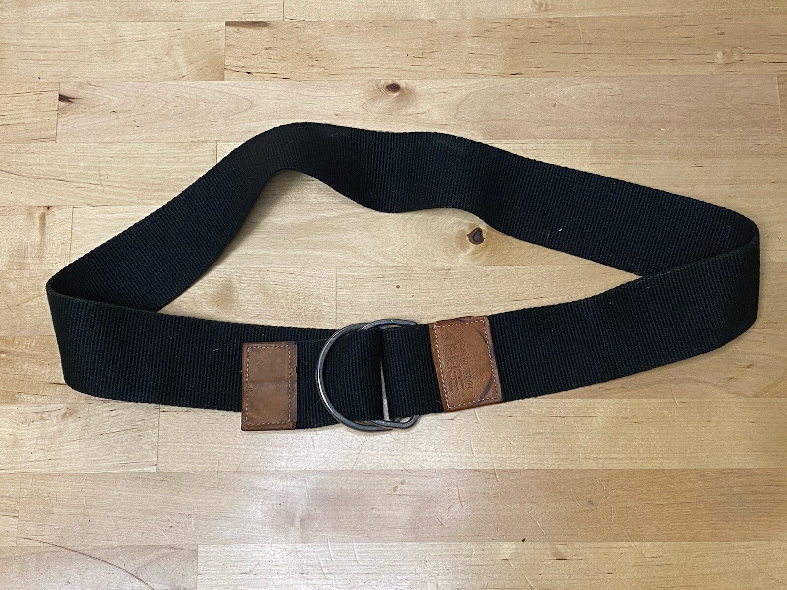 vintage espirit made in japan 37” x 2” webbed cloth belt d ring buckle black