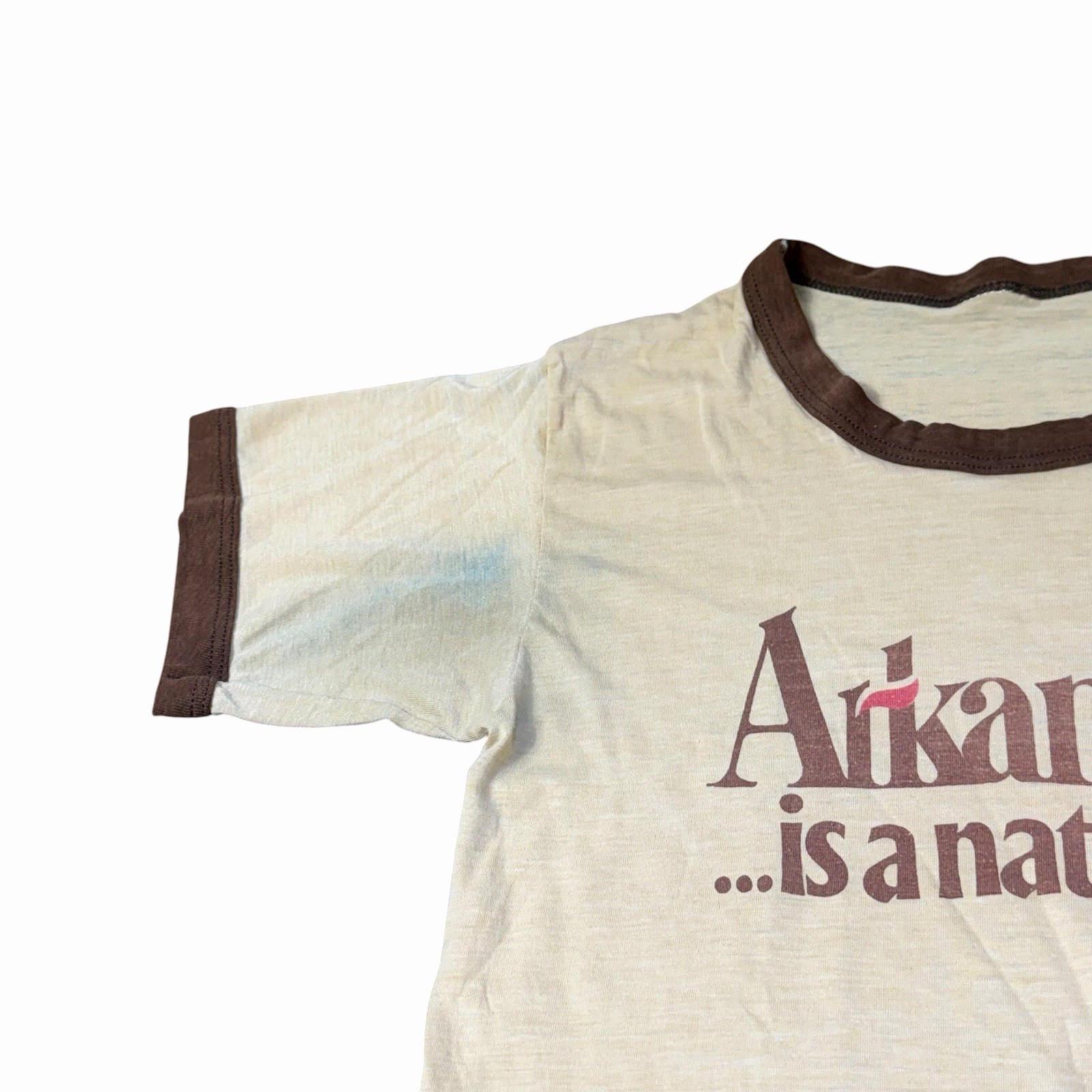 VINTAGE 70s 80s RINGER T-SHIRT Size Small 16”x25” Arkansas Is A Natural Tee