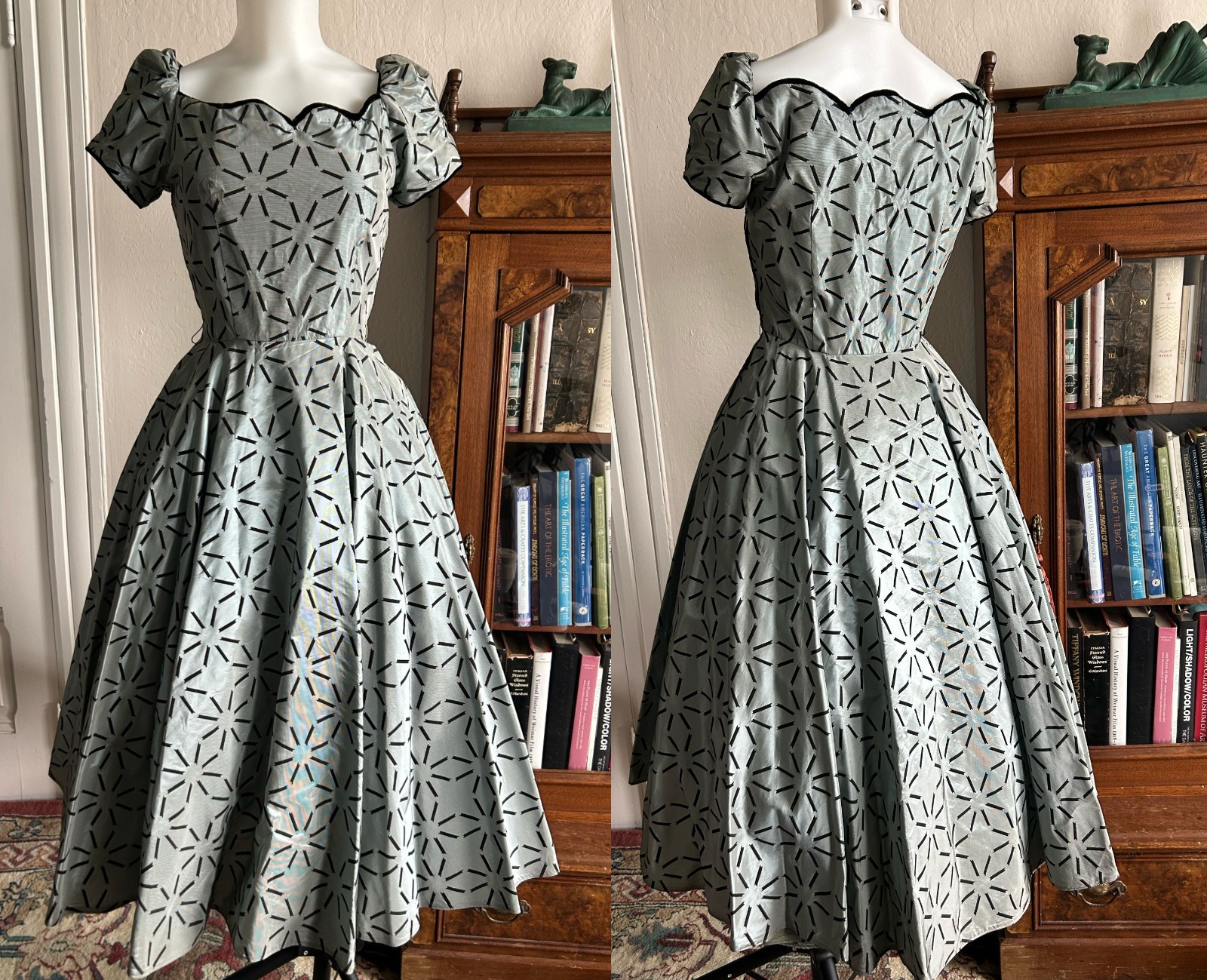 Vintage 1950s Blue Formal Tea Dress Shiny Print Sweetheart Full Skirt Flare XS S