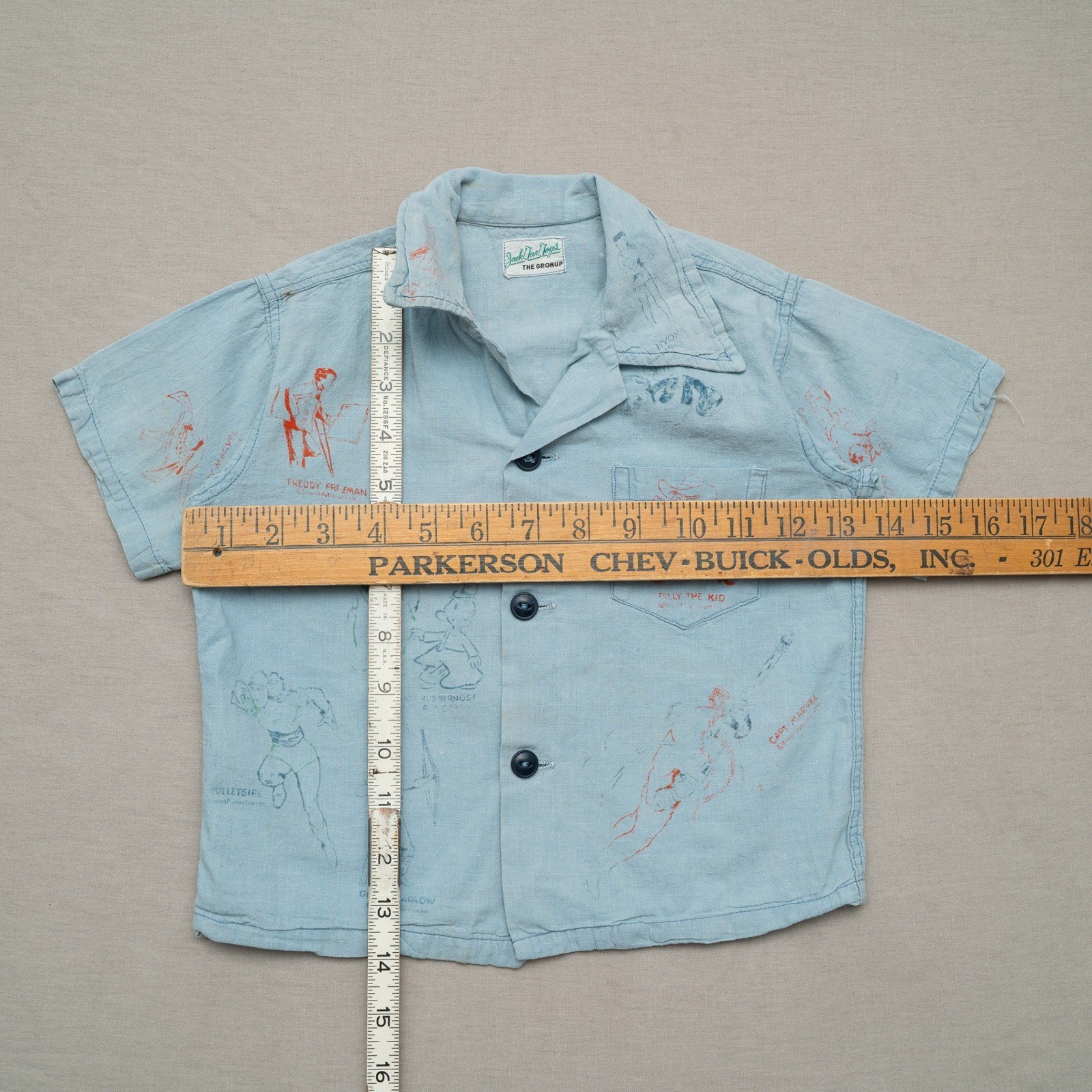 Vintage 50s 60s Jack Jar Togs Gronups Camp Collar Test Print Cartoon Button Up