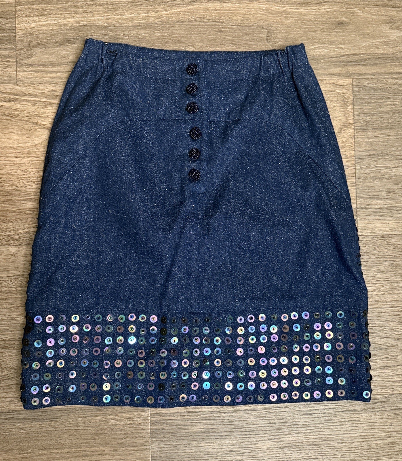 Vintage 1980’s NWOT Gene Ewing dark Denim metallic sequin miniskirt size 8