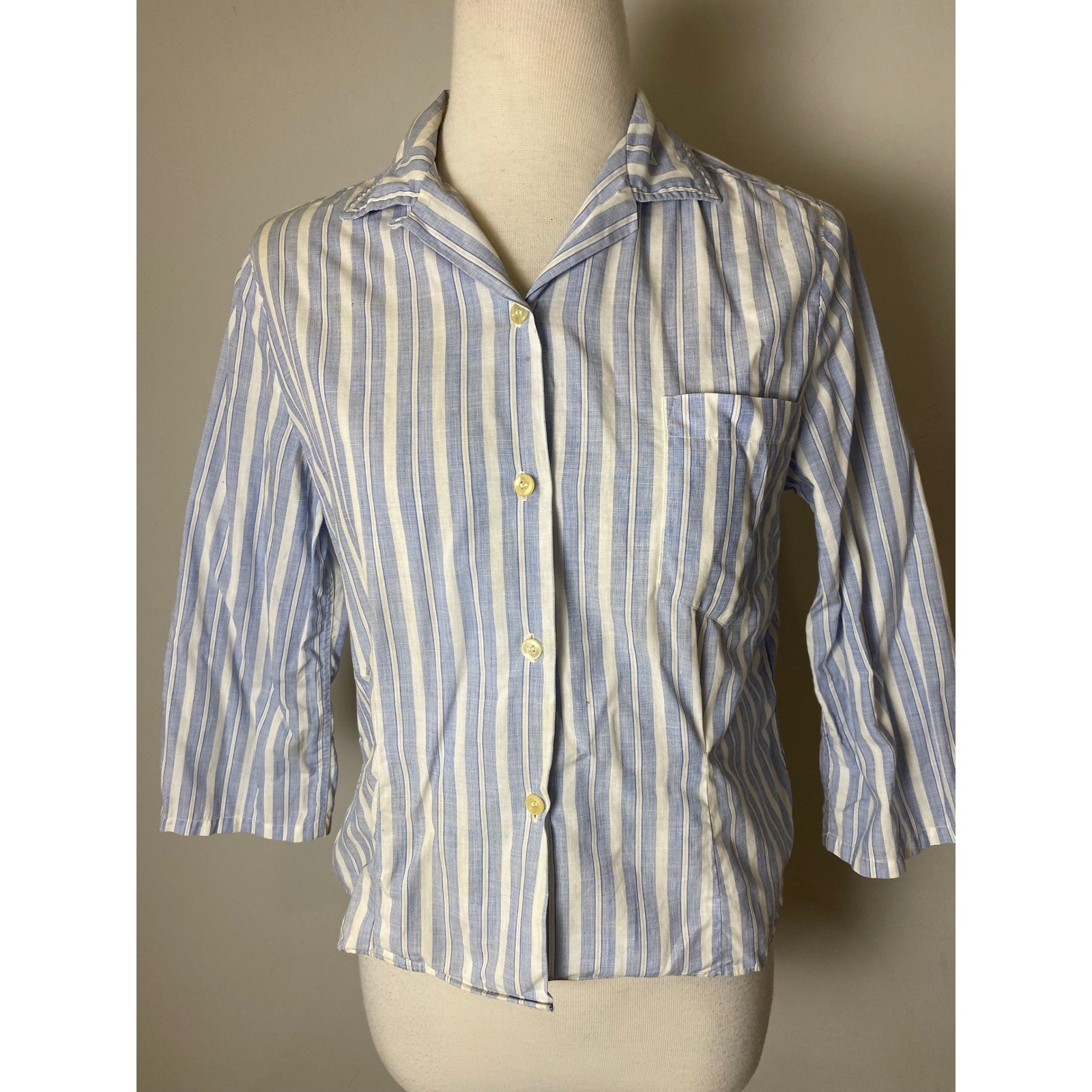 Vintage 1940s 1950s Blue White Striped Button Down Blouse 3/4 Sleeve Camp Collar
