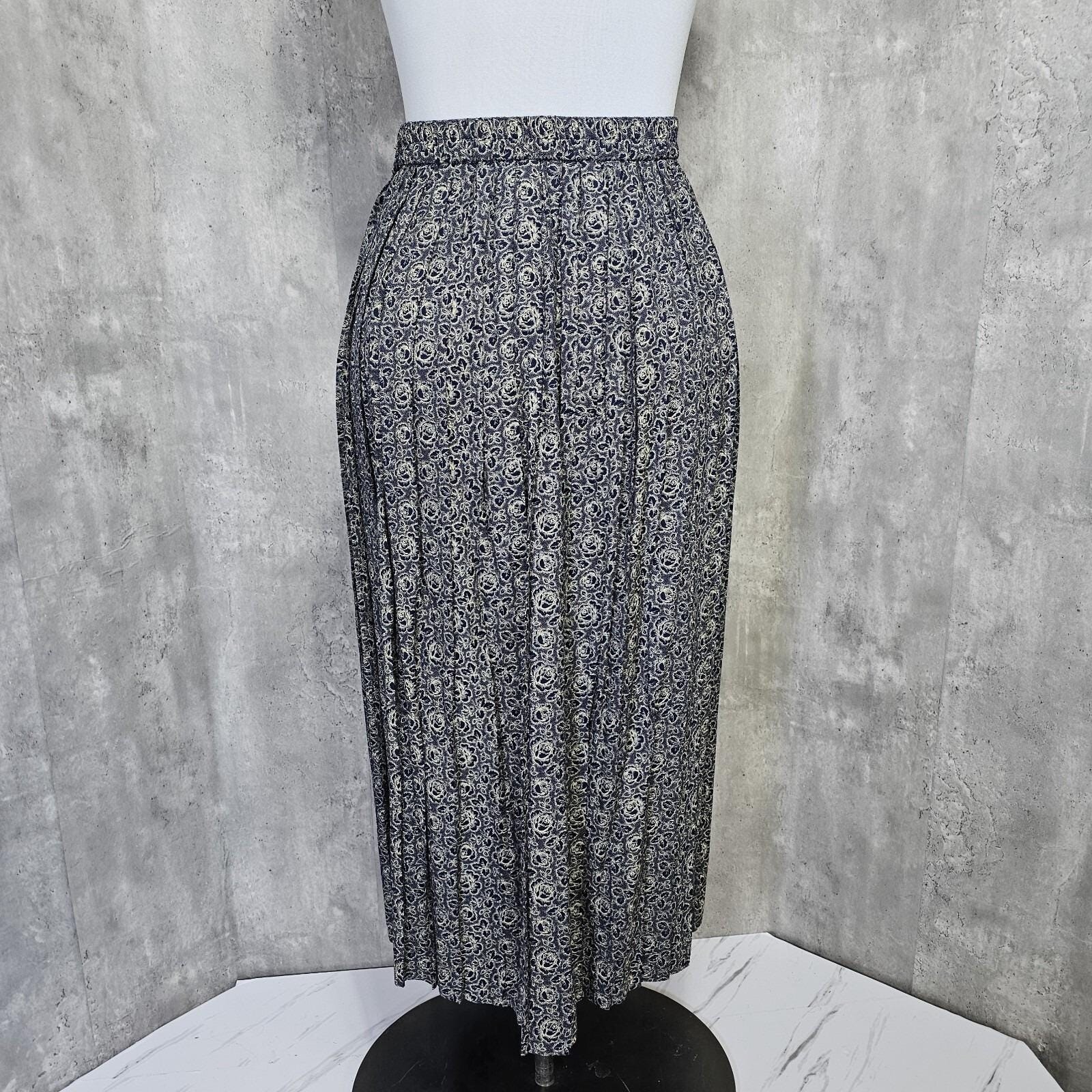 Vintage 90s Navy Pleated Midi Skirt Acetate Rayon USA Elastic Waist