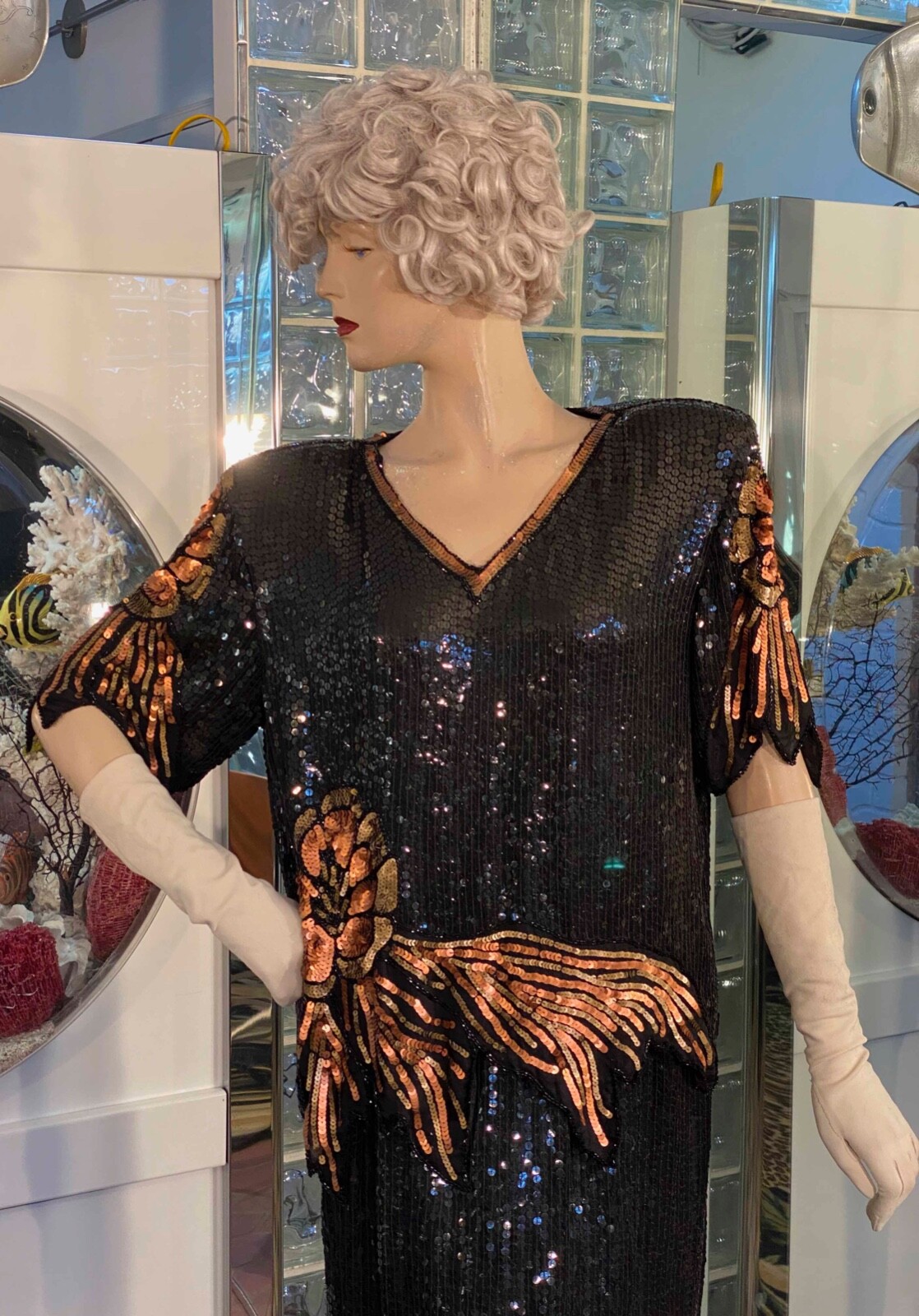 VTG 100% SILK Flapper Gatsby Dress Black Sequin set Skirt & Top size ML