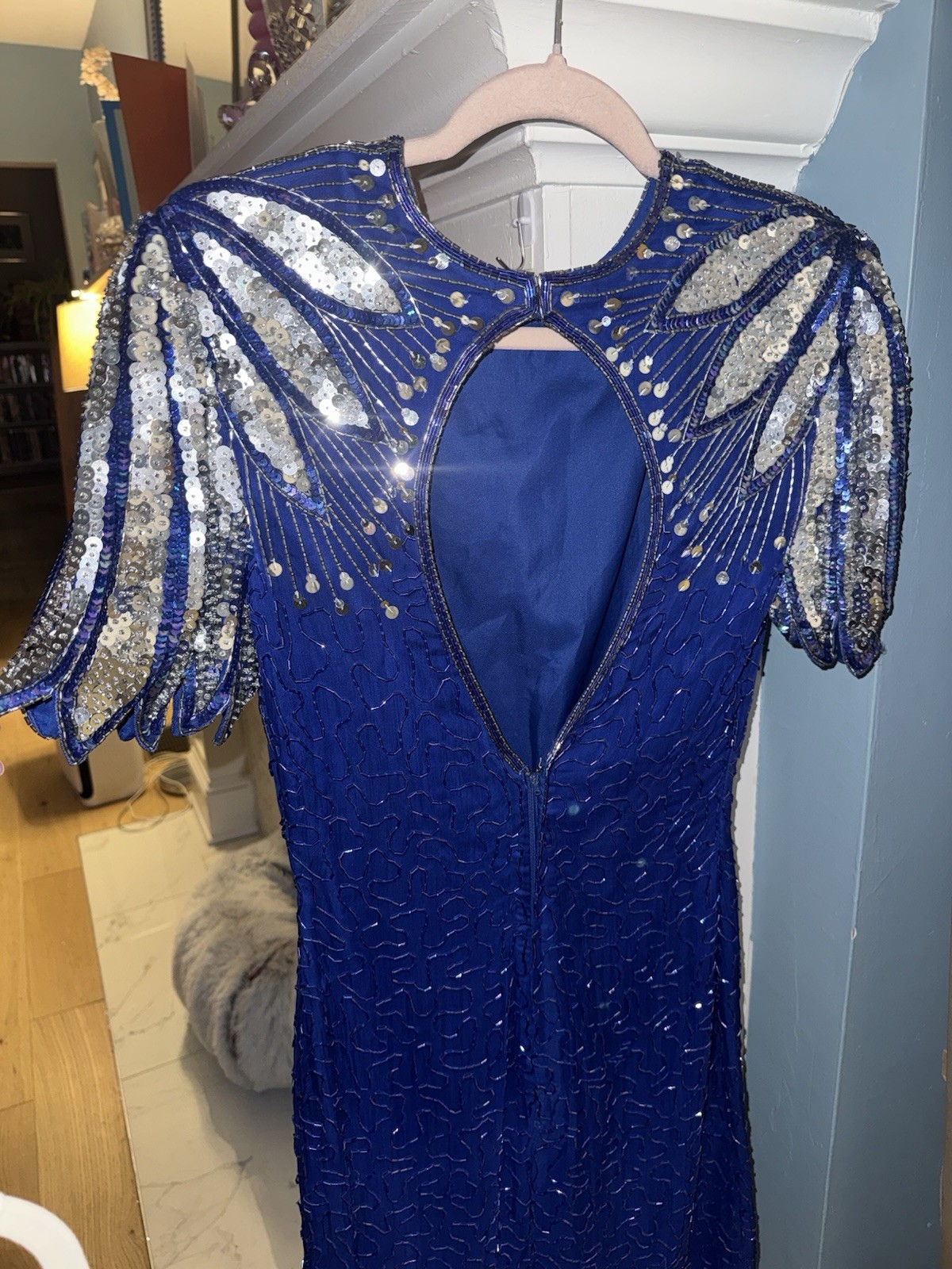 Vintage Gantos Blue 100% Pure Silk Sequin Short Sleeve Cocktail Dress Size Small