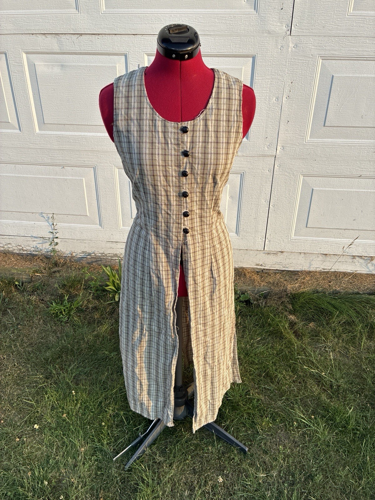Beautiful Vintage 90s Handmade Plaid Midi Dress Beige And White