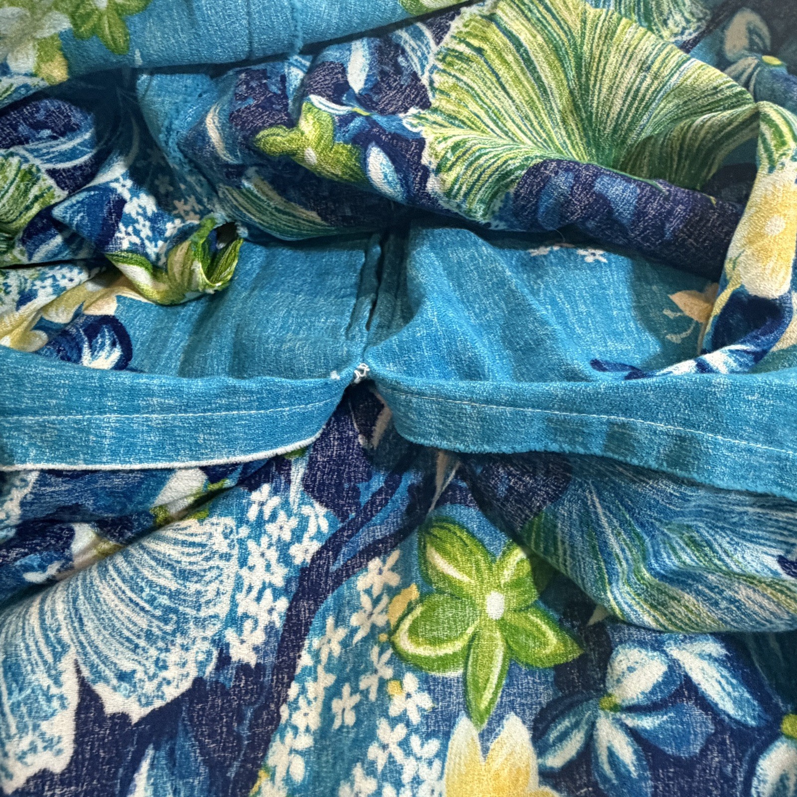 VTG Women’s Hawaiian Togs Blue Floral Barkcloth Pleated Train Maxi Dress Sz XS