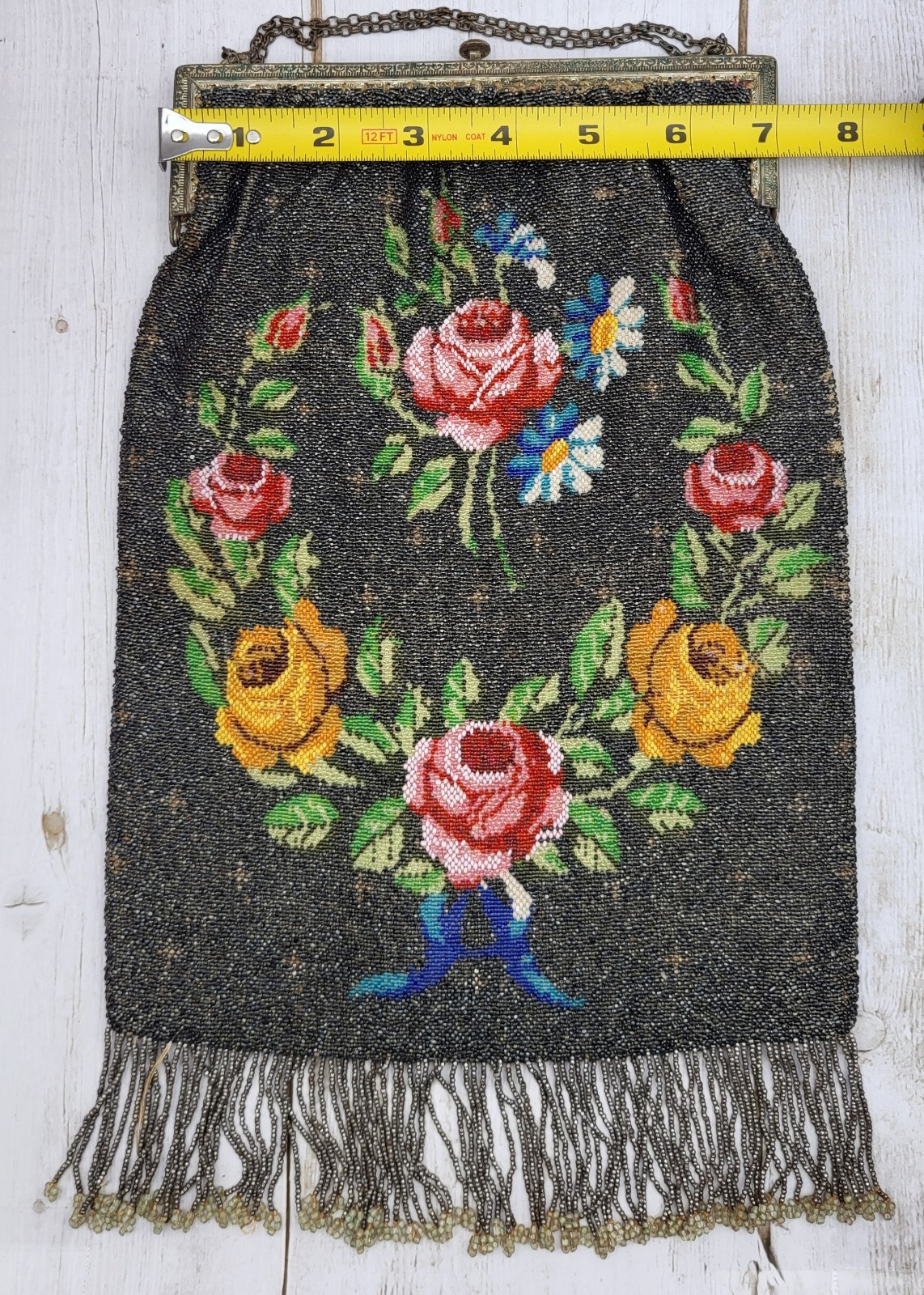 Large 13″ Antique Art Nouveau Floral Beaded Purse Handbag
