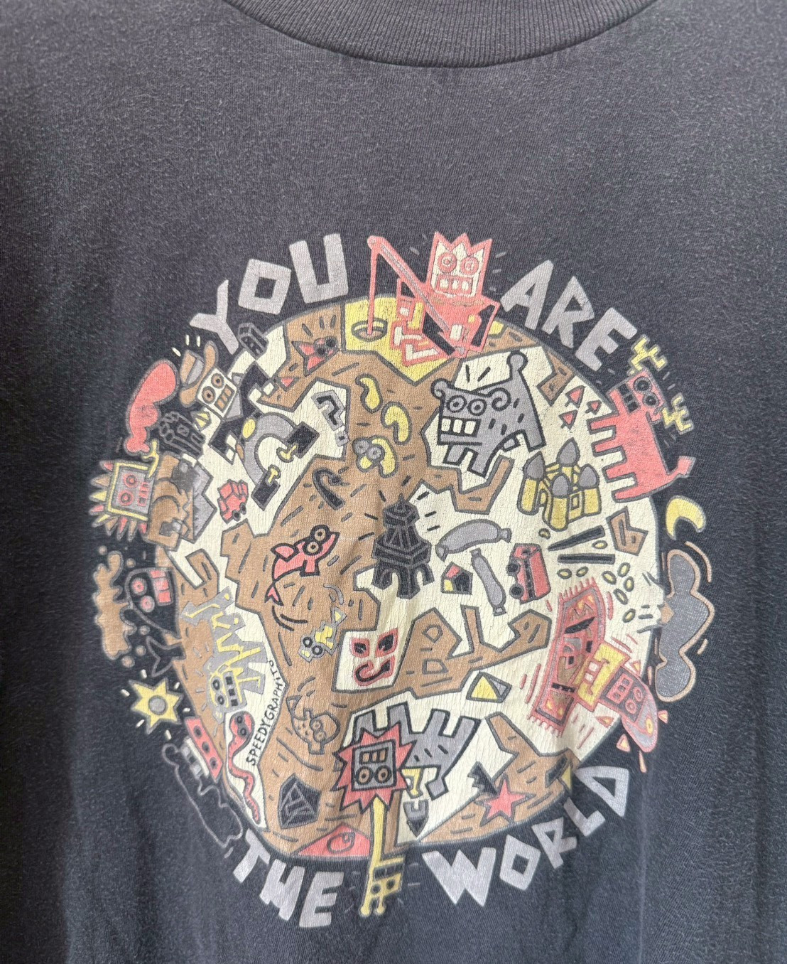 Vintage 1987 Speedy Graphito You Are The World Art T Shirt Single Stitch XL Fade